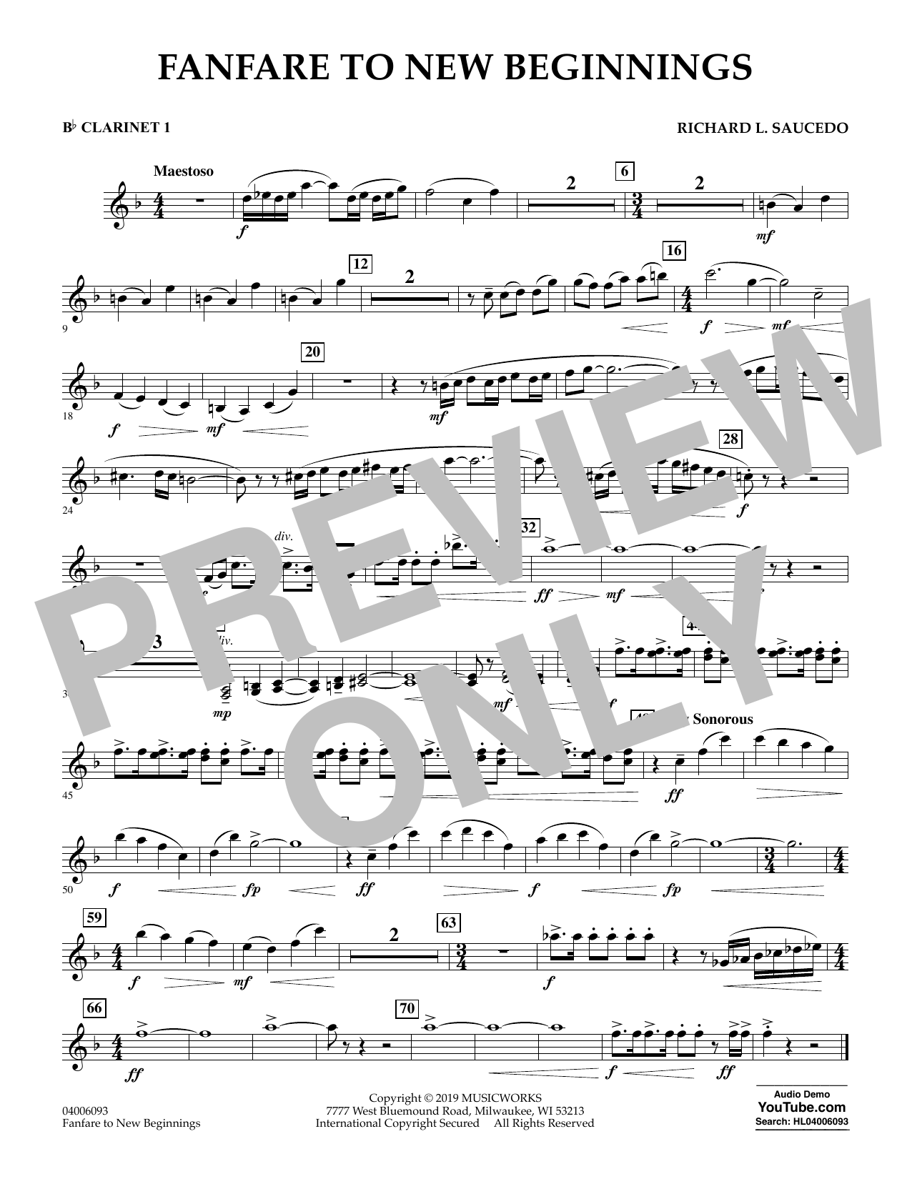 Richard L. Saucedo Fanfare for New Beginnings - Bb Clarinet 1 Sheet Music Notes & Chords for Concert Band - Download or Print PDF