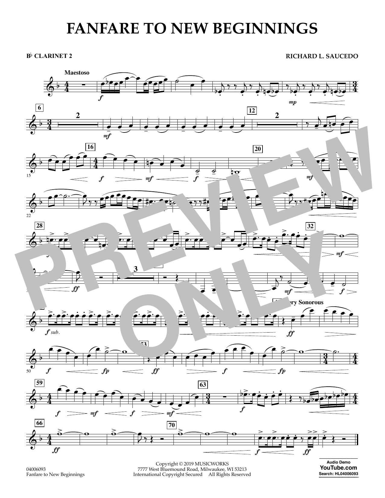 Richard L. Saucedo Fanfare for New Beginnings - Bb Clarinet 2 Sheet Music Notes & Chords for Concert Band - Download or Print PDF