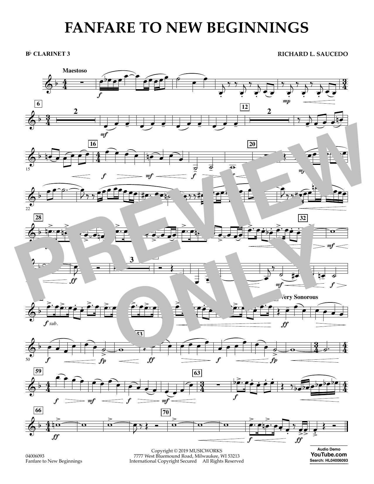 Richard L. Saucedo Fanfare for New Beginnings - Bb Clarinet 3 Sheet Music Notes & Chords for Concert Band - Download or Print PDF