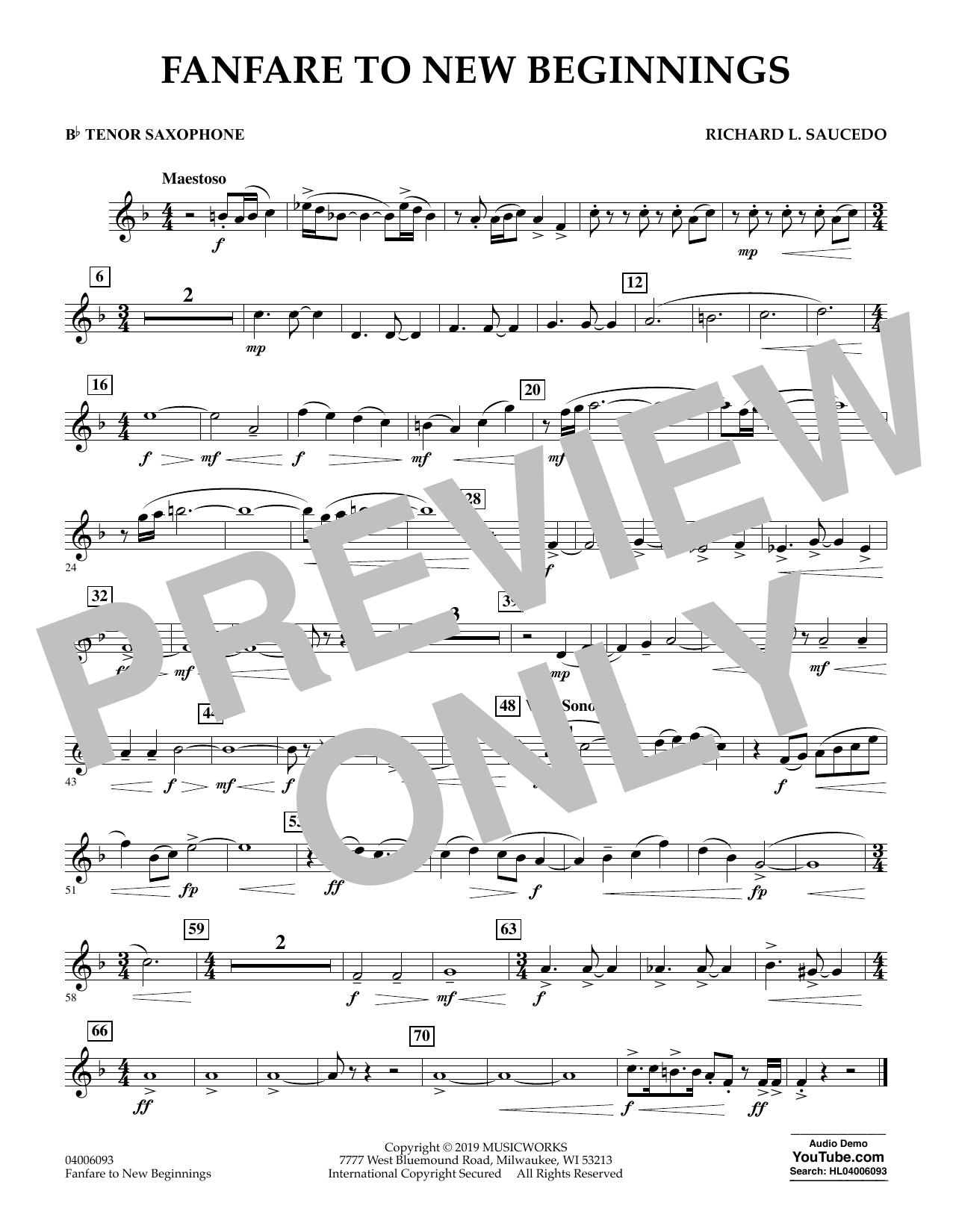 Richard L. Saucedo Fanfare for New Beginnings - Bb Tenor Saxophone Sheet Music Notes & Chords for Concert Band - Download or Print PDF