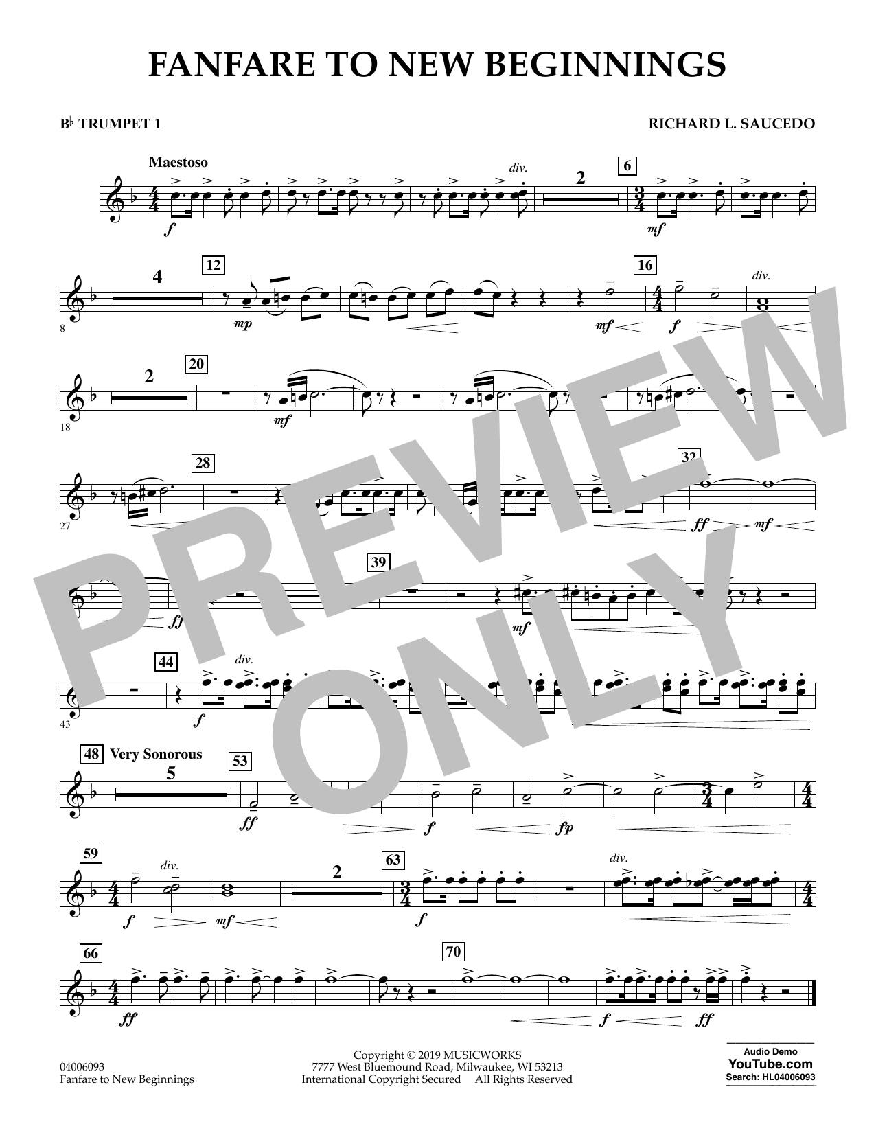 Richard L. Saucedo Fanfare for New Beginnings - Bb Trumpet 1 Sheet Music Notes & Chords for Concert Band - Download or Print PDF