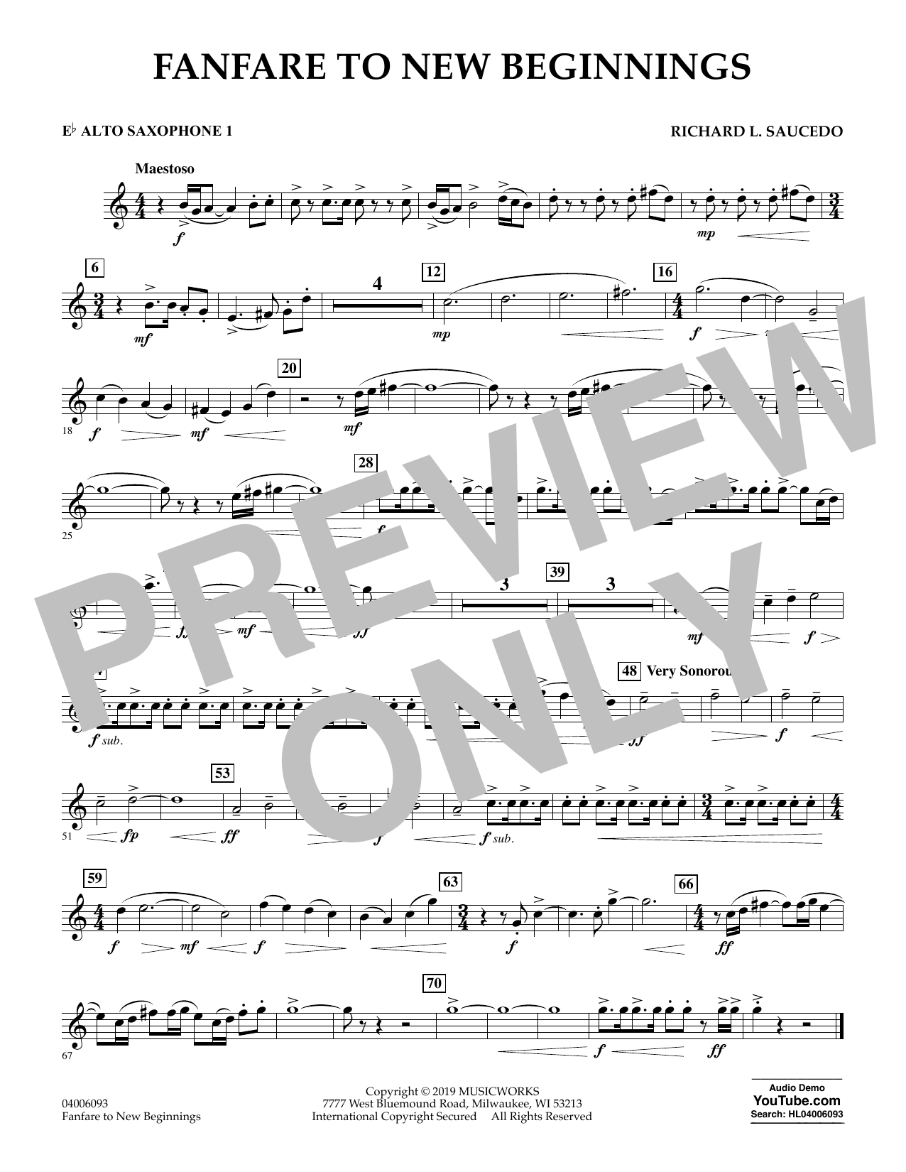 Richard L. Saucedo Fanfare for New Beginnings - Eb Alto Saxophone 1 Sheet Music Notes & Chords for Concert Band - Download or Print PDF