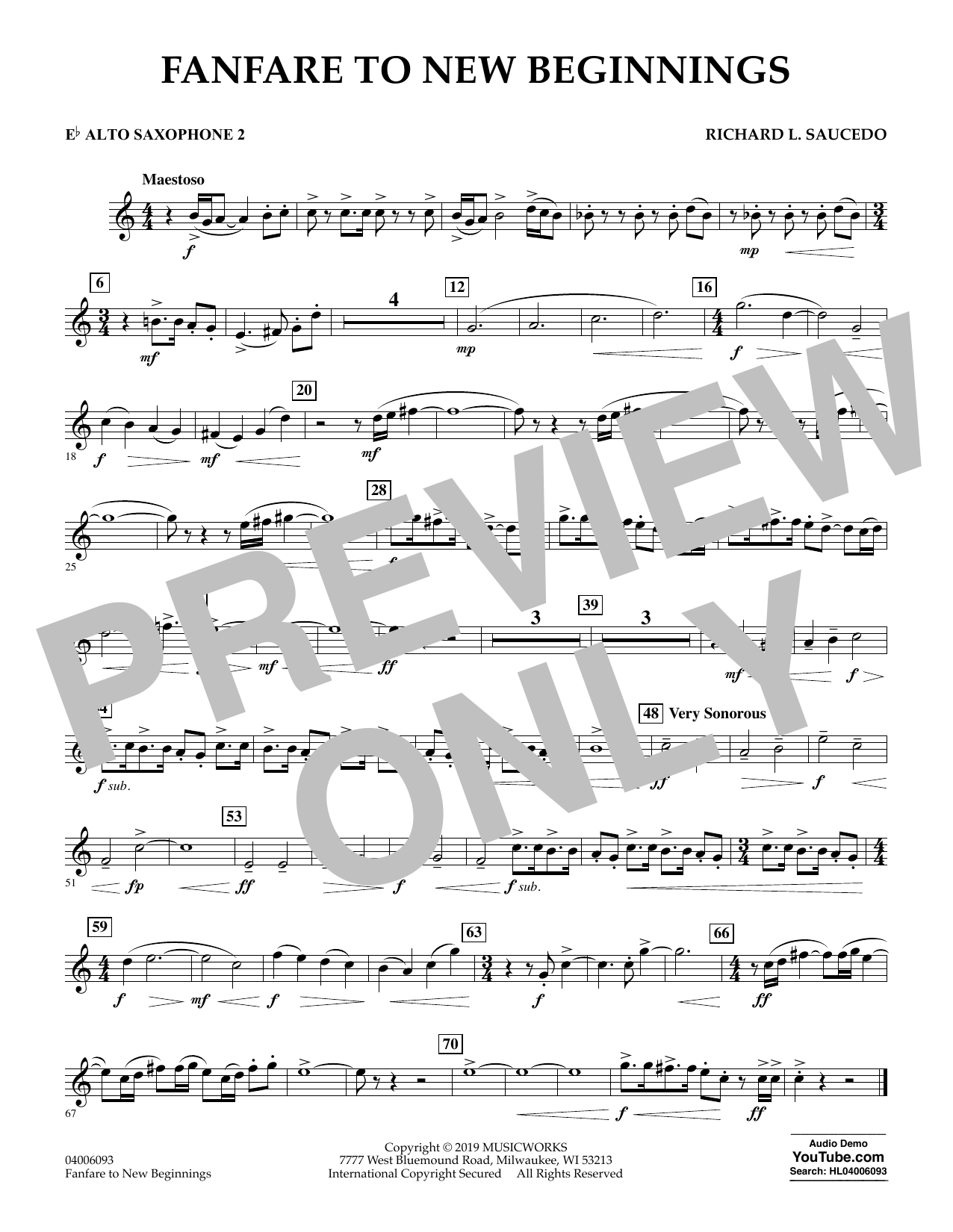 Richard L. Saucedo Fanfare for New Beginnings - Eb Alto Saxophone 2 Sheet Music Notes & Chords for Concert Band - Download or Print PDF