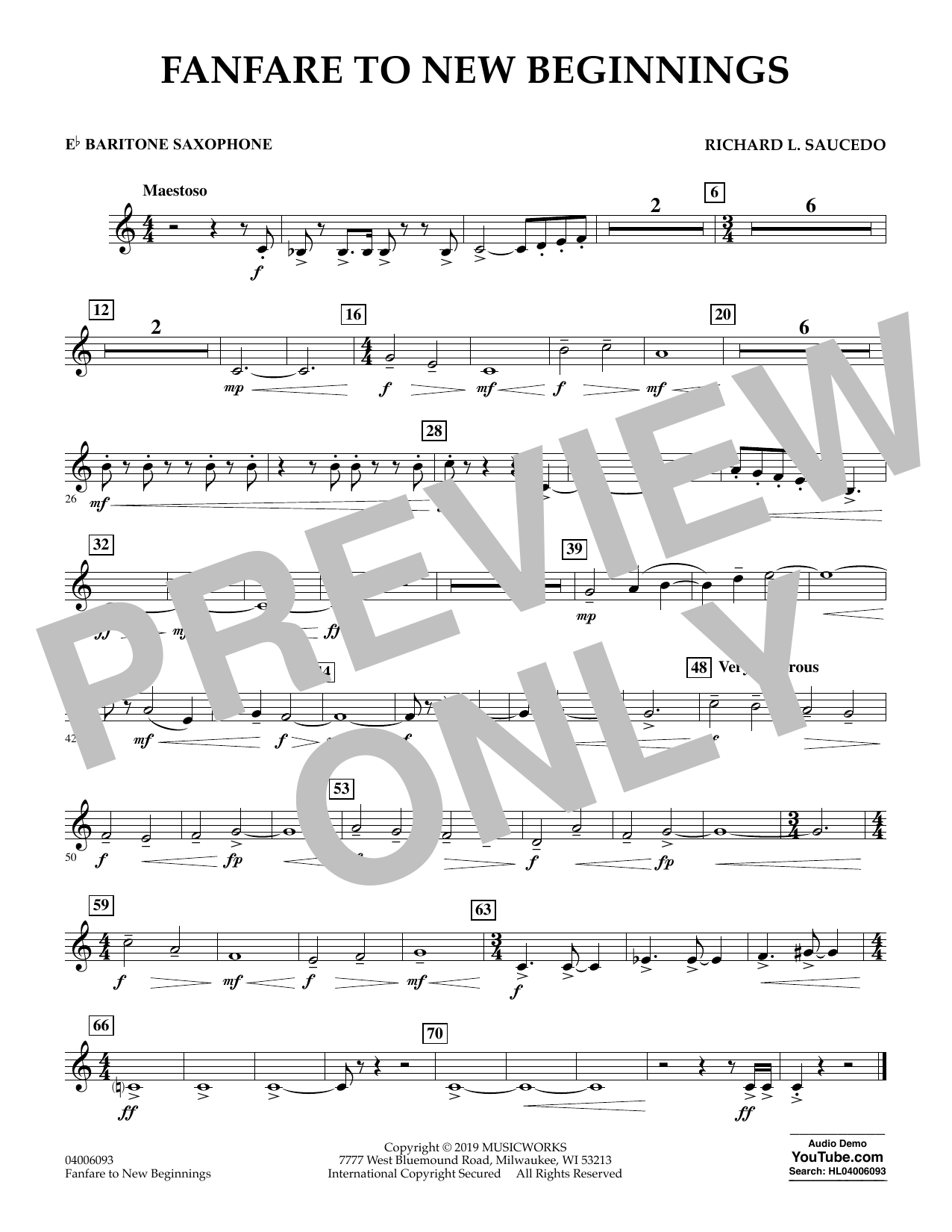 Richard L. Saucedo Fanfare for New Beginnings - Eb Baritone Saxophone Sheet Music Notes & Chords for Concert Band - Download or Print PDF