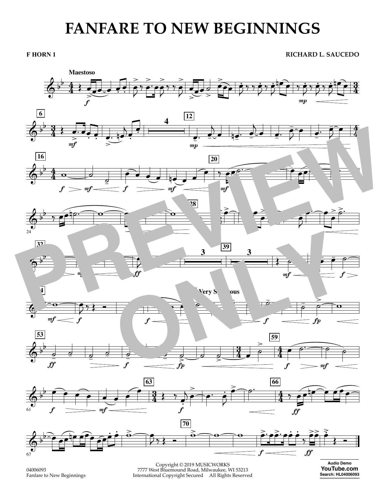 Richard L. Saucedo Fanfare for New Beginnings - F Horn 1 Sheet Music Notes & Chords for Concert Band - Download or Print PDF