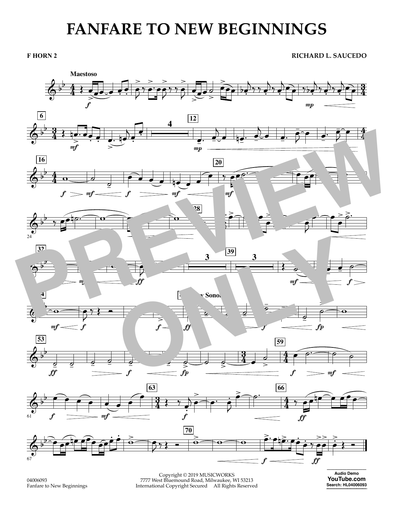 Richard L. Saucedo Fanfare for New Beginnings - F Horn 2 Sheet Music Notes & Chords for Concert Band - Download or Print PDF
