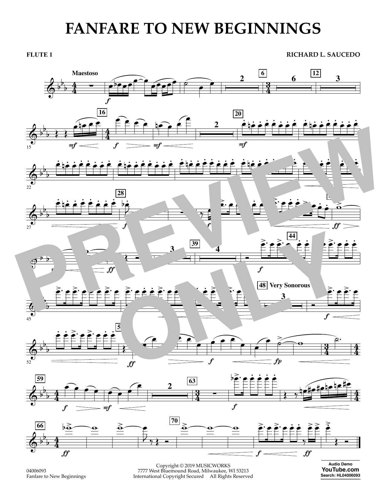 Richard L. Saucedo Fanfare for New Beginnings - Flute 1 Sheet Music Notes & Chords for Concert Band - Download or Print PDF