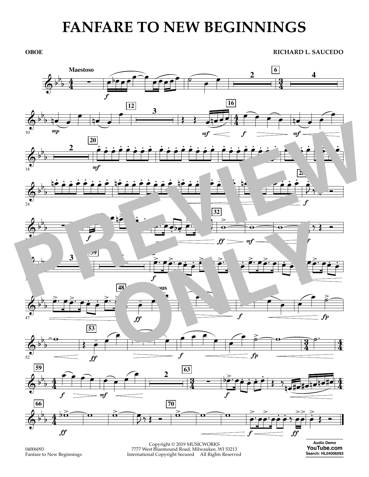 Richard L. Saucedo Fanfare for New Beginnings - Oboe Sheet Music Notes & Chords for Concert Band - Download or Print PDF