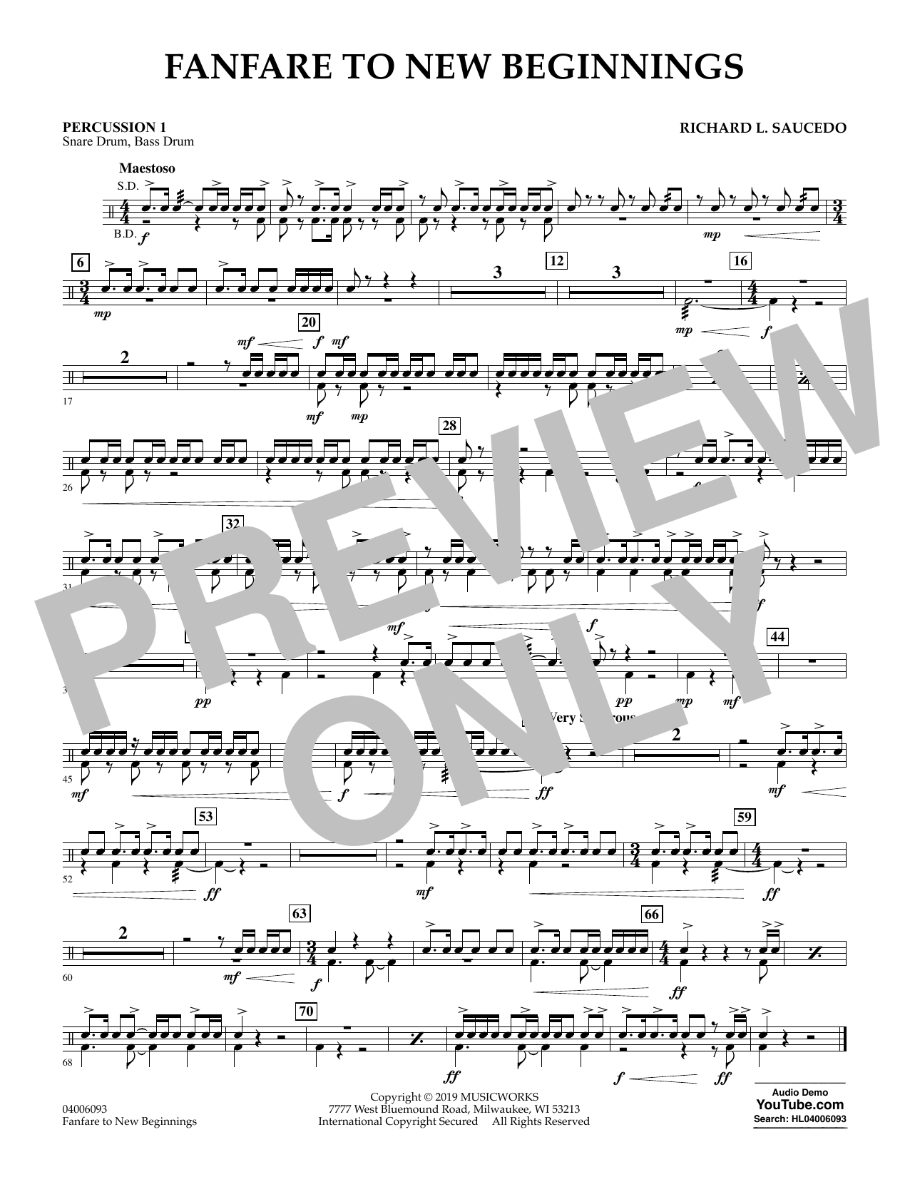 Richard L. Saucedo Fanfare for New Beginnings - Percussion 1 Sheet Music Notes & Chords for Concert Band - Download or Print PDF