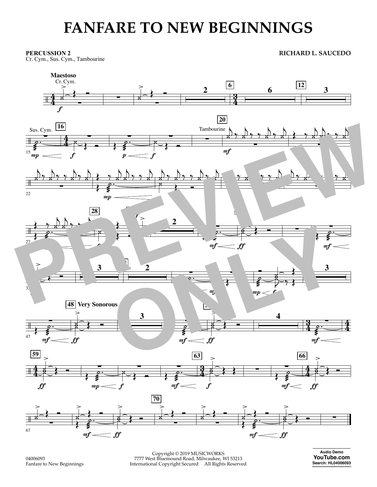 Richard L. Saucedo Fanfare for New Beginnings - Percussion 2 Sheet Music Notes & Chords for Concert Band - Download or Print PDF