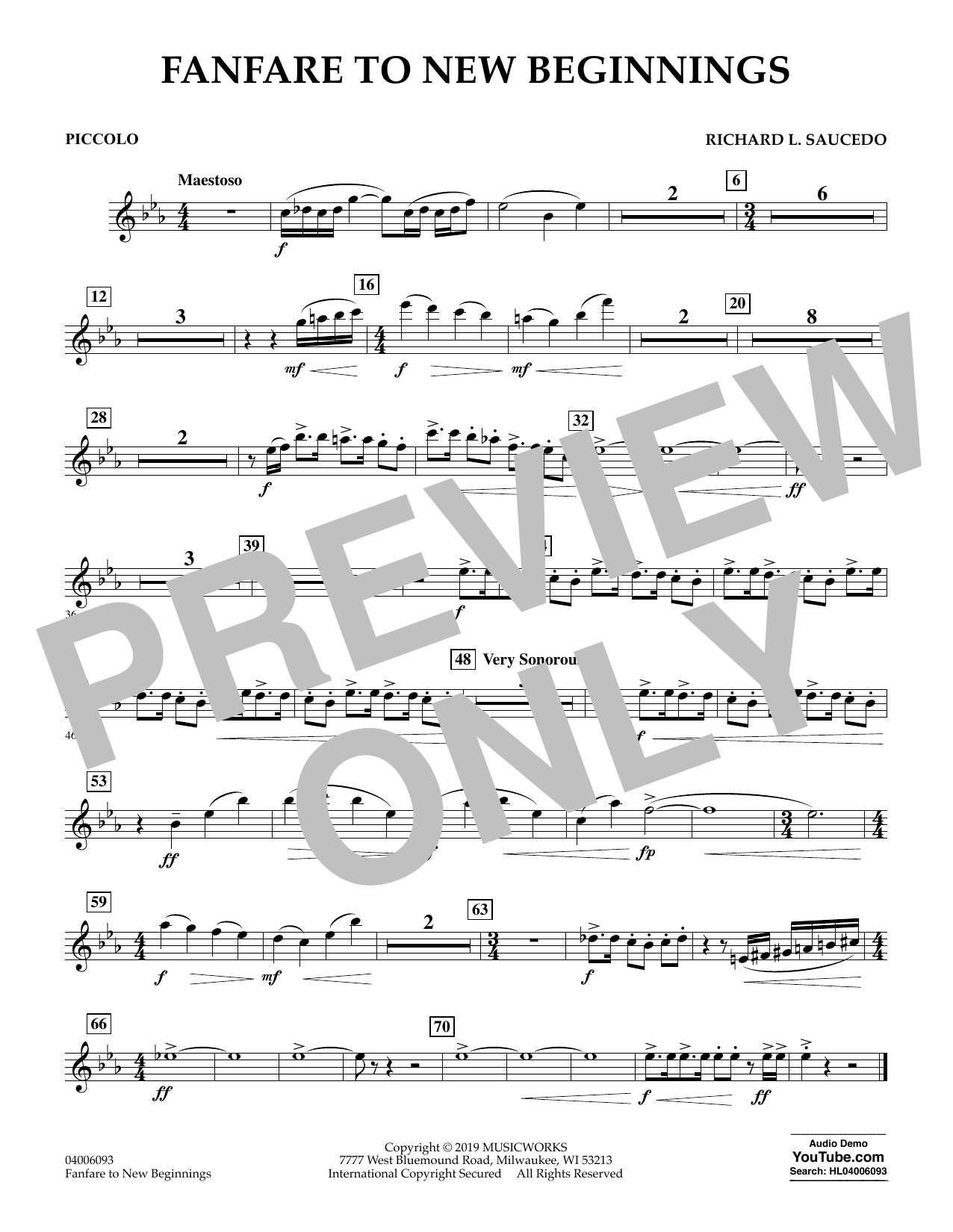 Richard L. Saucedo Fanfare for New Beginnings - Piccolo Sheet Music Notes & Chords for Concert Band - Download or Print PDF