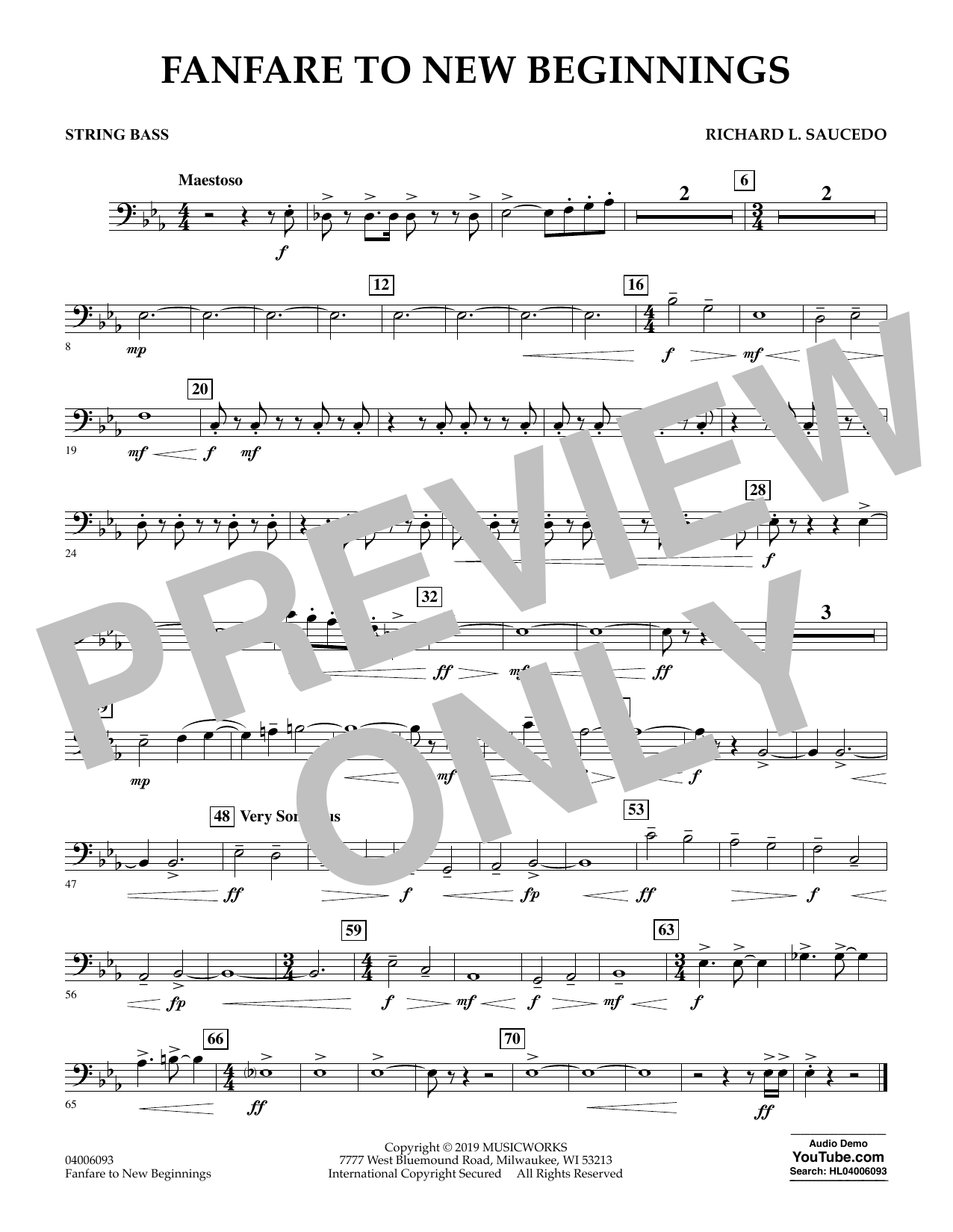 Richard L. Saucedo Fanfare for New Beginnings - String Bass Sheet Music Notes & Chords for Concert Band - Download or Print PDF