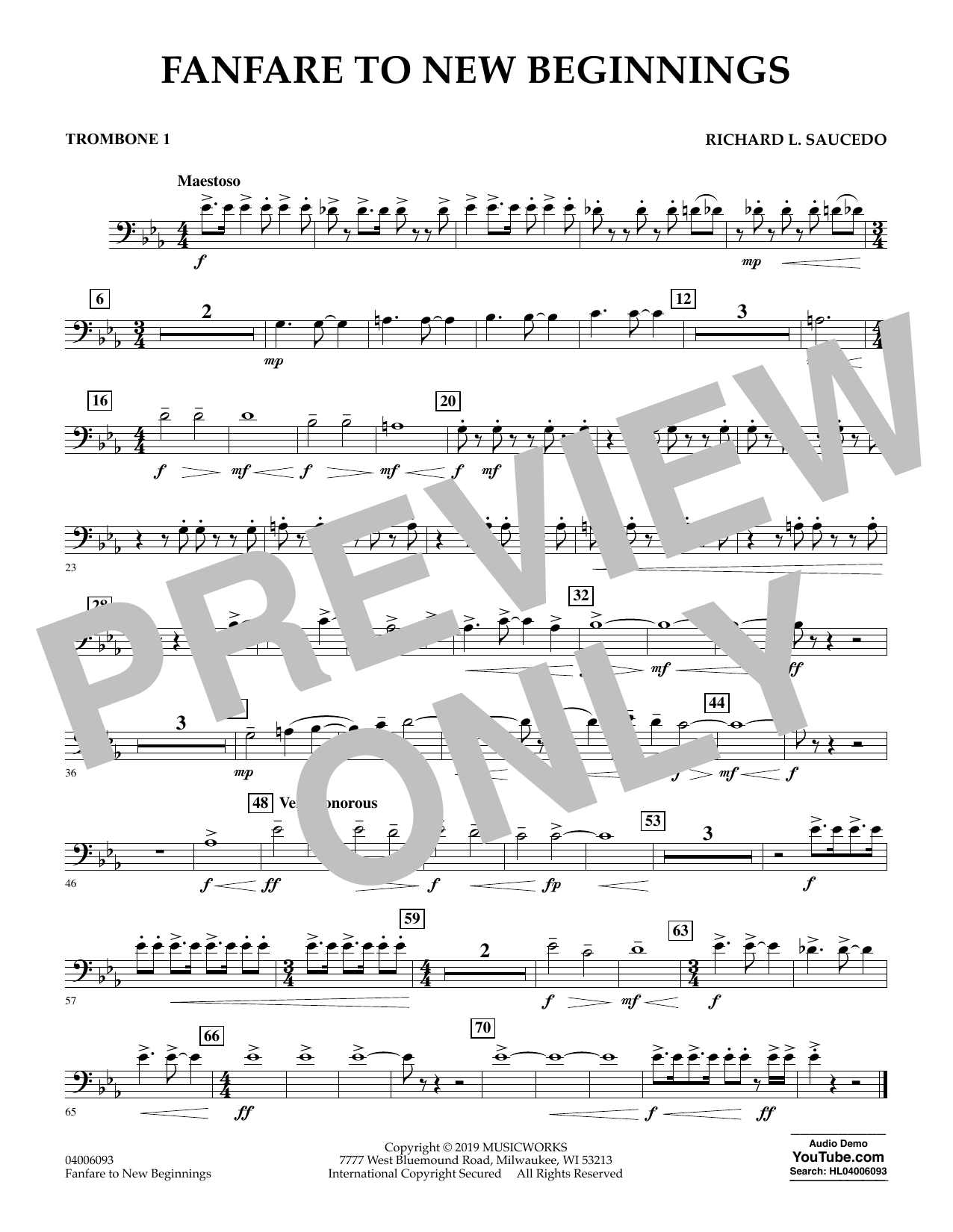 Richard L. Saucedo Fanfare for New Beginnings - Trombone 1 Sheet Music Notes & Chords for Concert Band - Download or Print PDF