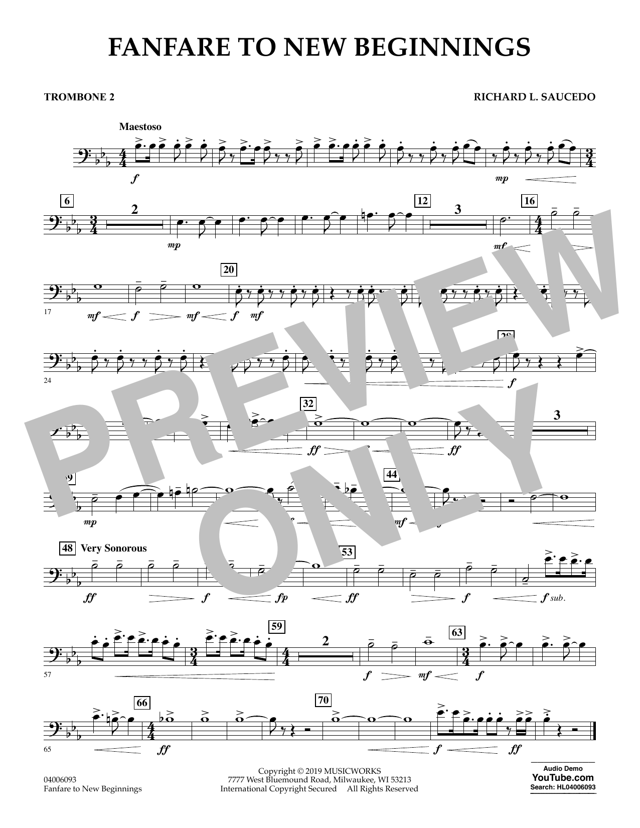 Richard L. Saucedo Fanfare for New Beginnings - Trombone 2 Sheet Music Notes & Chords for Concert Band - Download or Print PDF
