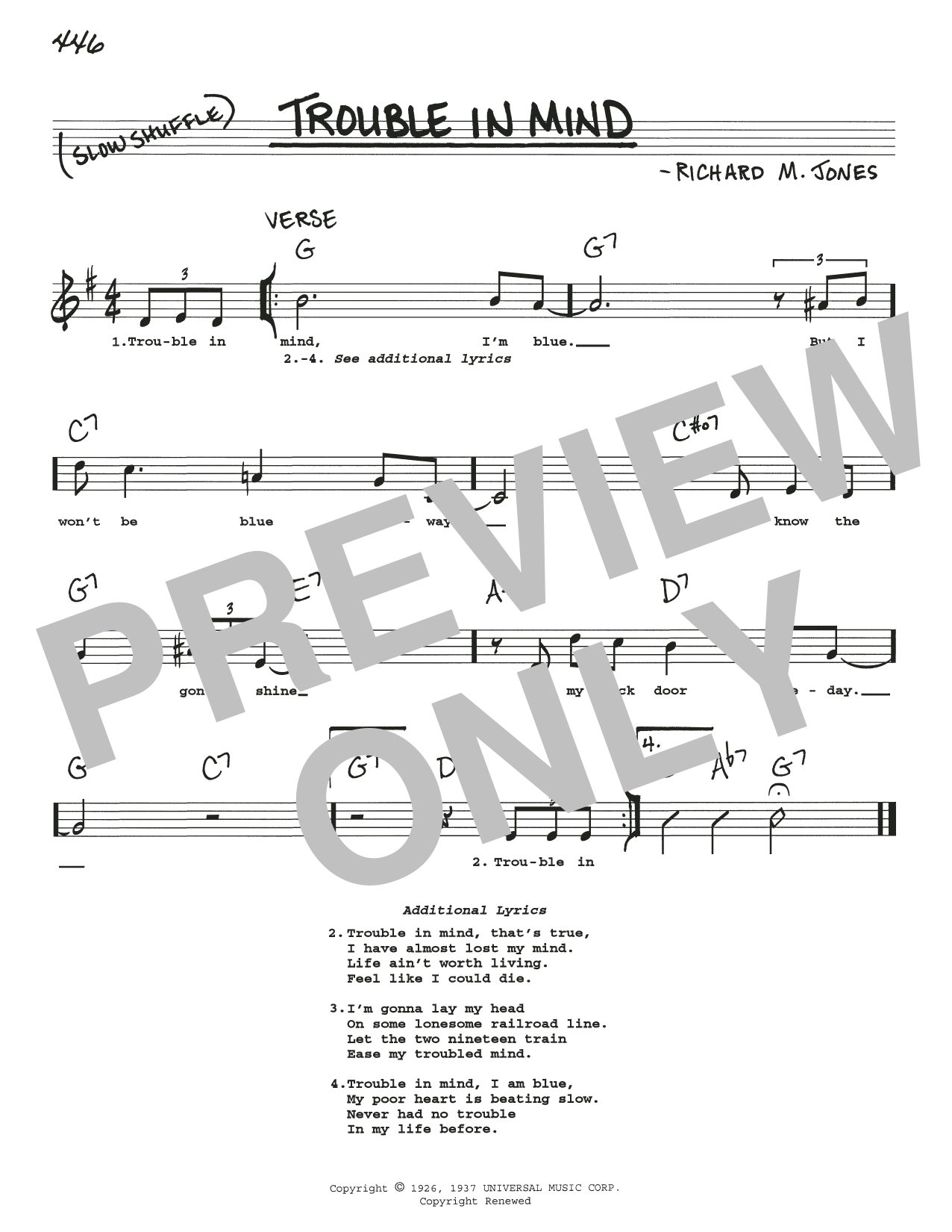 Richard M. Jones Trouble In Mind Sheet Music Notes & Chords for Real Book – Melody, Lyrics & Chords - Download or Print PDF