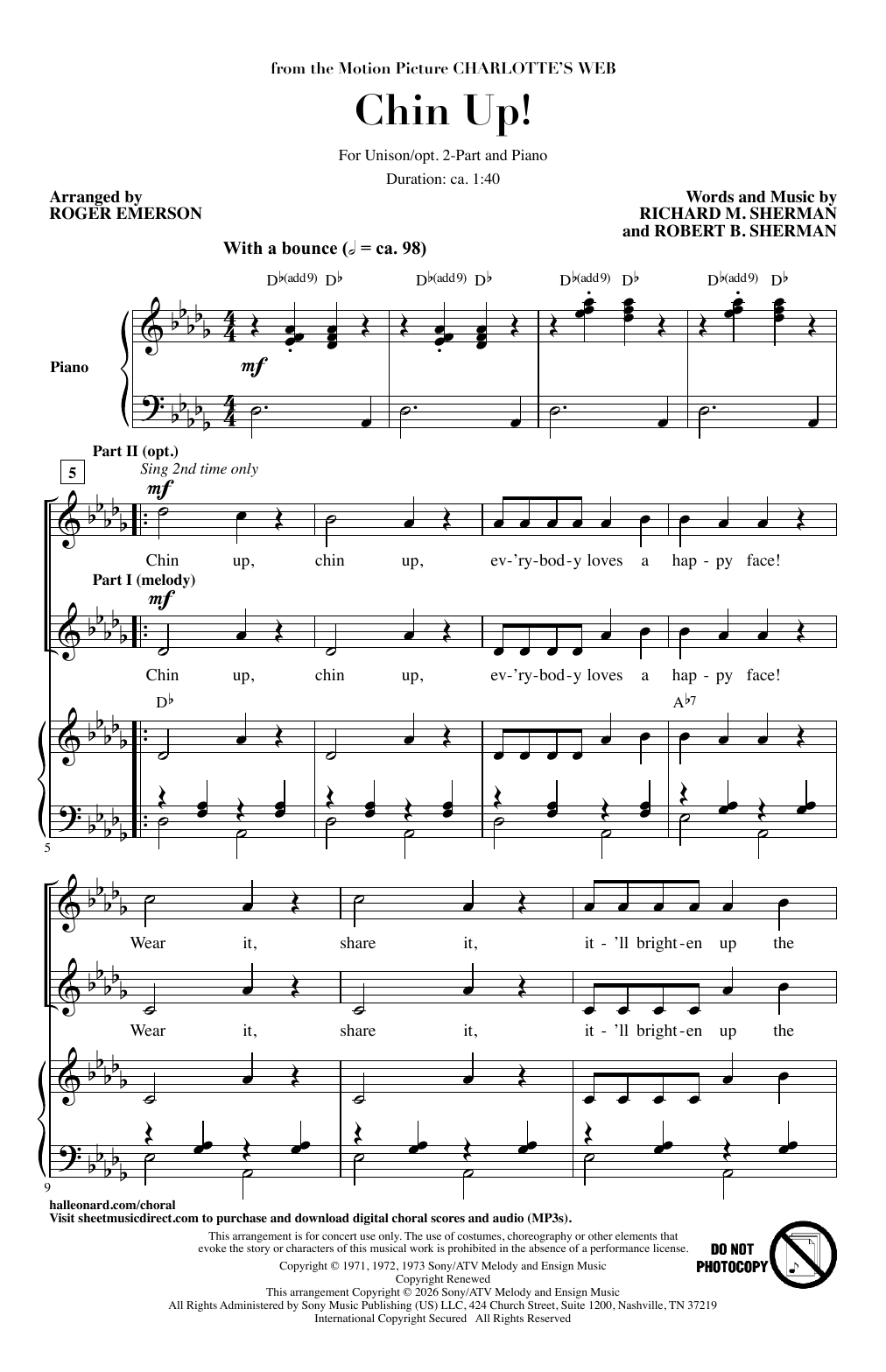 Richard M. Sherman & Robert B. Sherman Chin Up (from Charlotte's Web) (arr. Roger Emerson) Sheet Music Notes & Chords for Choir - Download or Print PDF