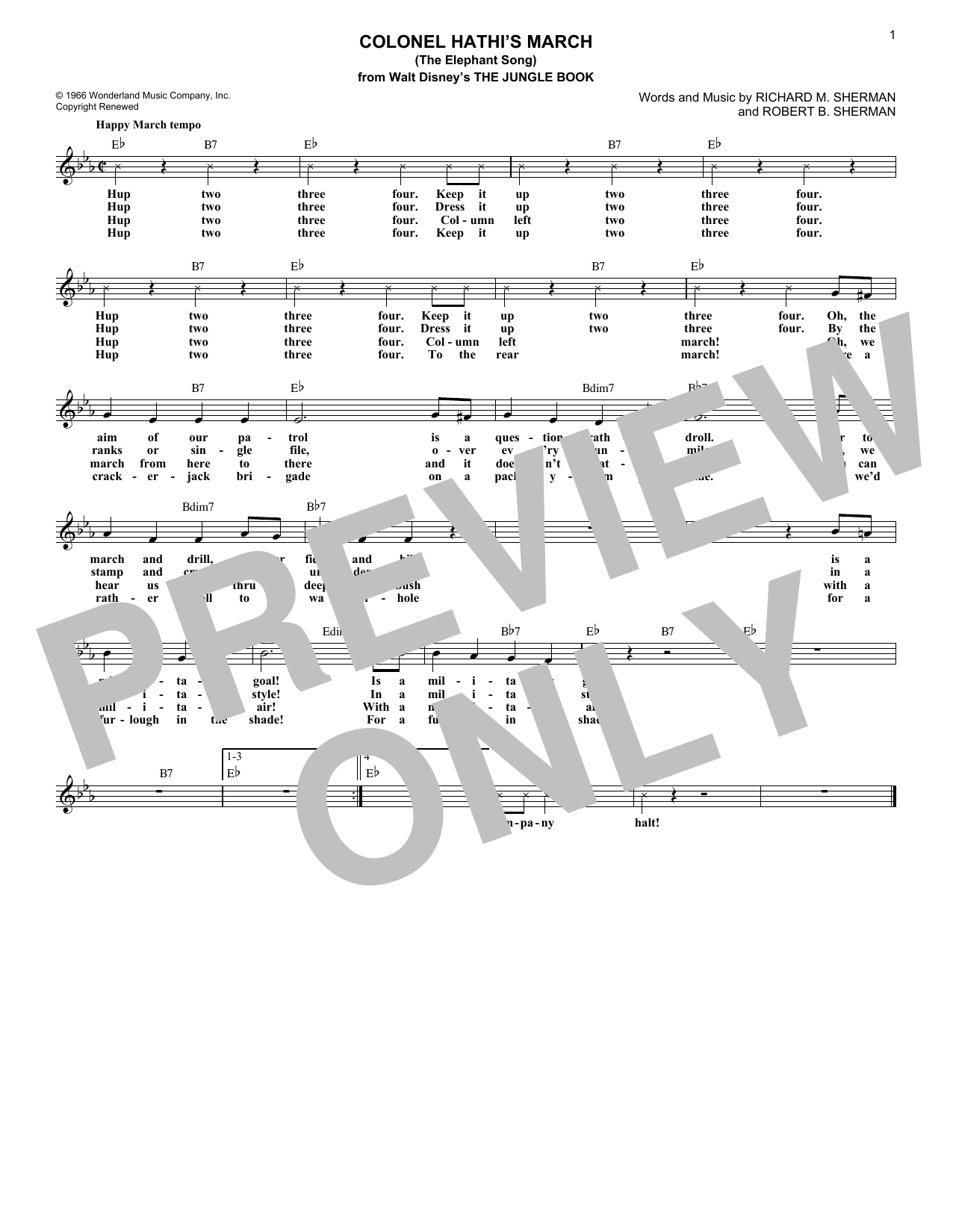 Richard M. Sherman Colonel Hathi's March (The Elephant Song) (from The Jungle Book) Sheet Music Notes & Chords for Melody Line, Lyrics & Chords - Download or Print PDF