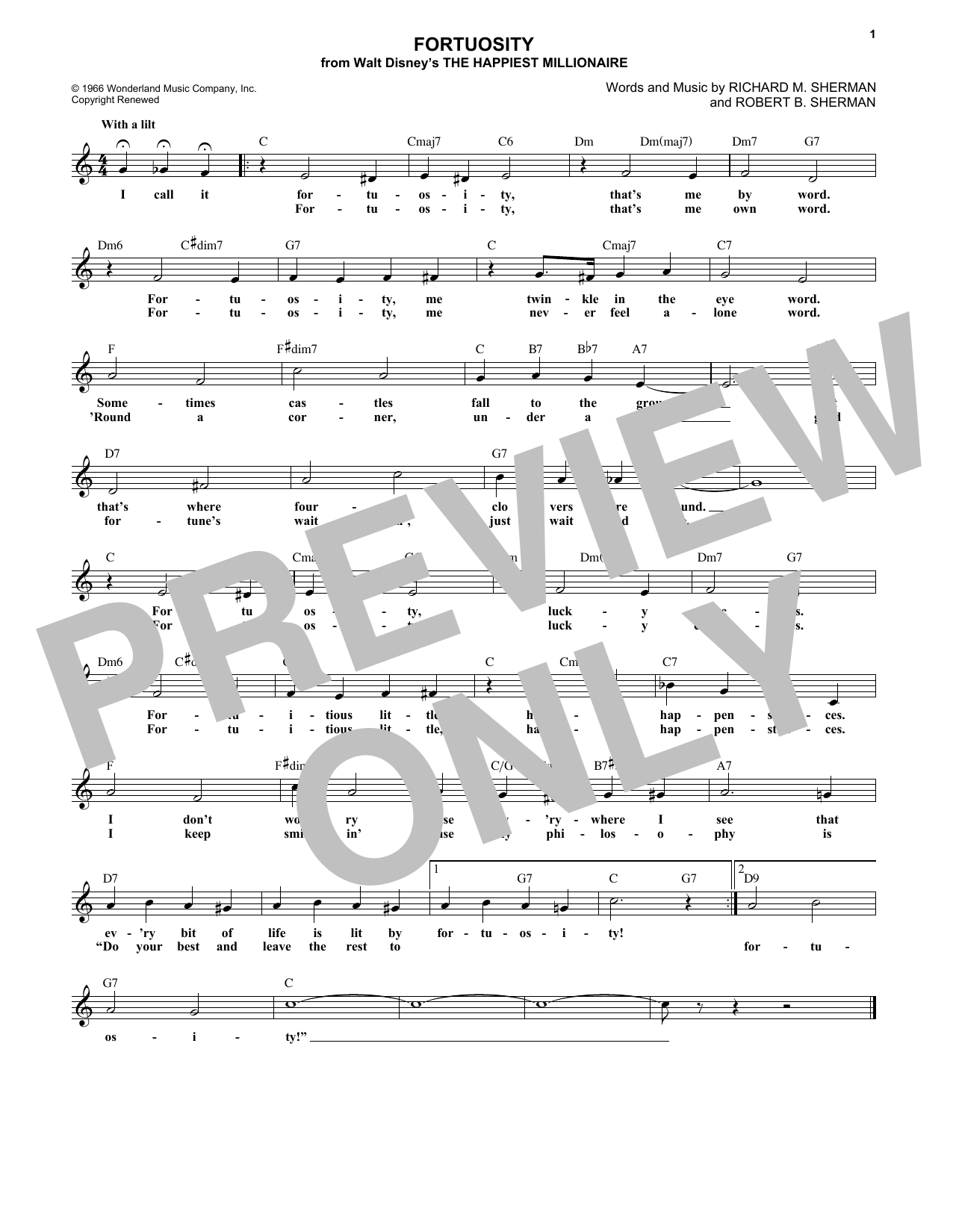 Richard M. Sherman Fortuosity Sheet Music Notes & Chords for Melody Line, Lyrics & Chords - Download or Print PDF