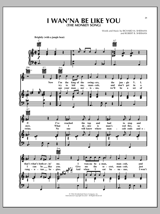 Richard M. Sherman I Wan'na Be Like You (The Monkey Song) (from The Jungle Book) Sheet Music Notes & Chords for Piano, Vocal & Guitar (Right-Hand Melody) - Download or Print PDF