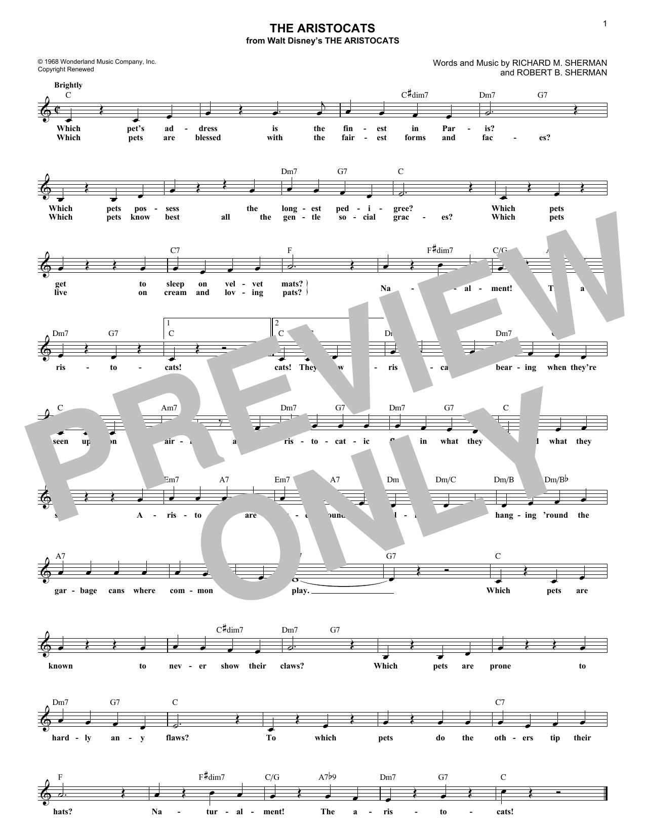 Richard M. Sherman The Aristocats Sheet Music Notes & Chords for Melody Line, Lyrics & Chords - Download or Print PDF