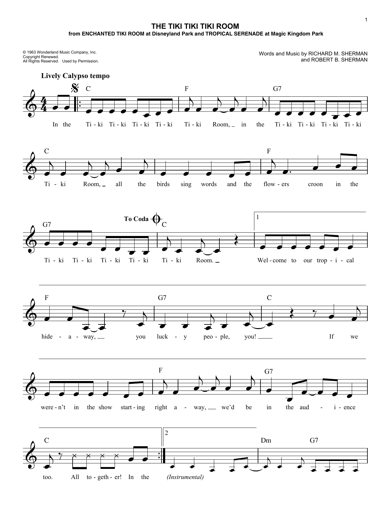 Richard M. Sherman The Tiki Tiki Tiki Room Sheet Music Notes & Chords for Melody Line, Lyrics & Chords - Download or Print PDF