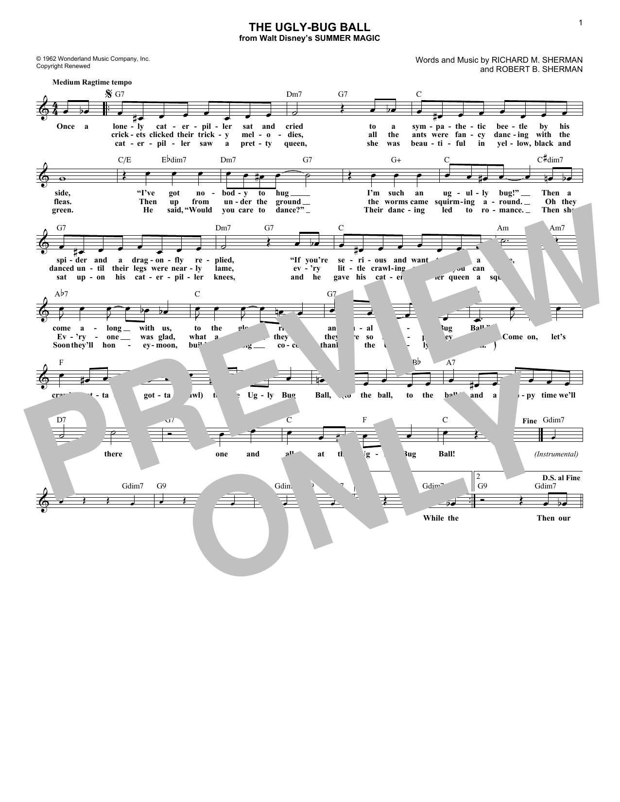 Richard M. Sherman The Ugly-Bug Ball Sheet Music Notes & Chords for Melody Line, Lyrics & Chords - Download or Print PDF