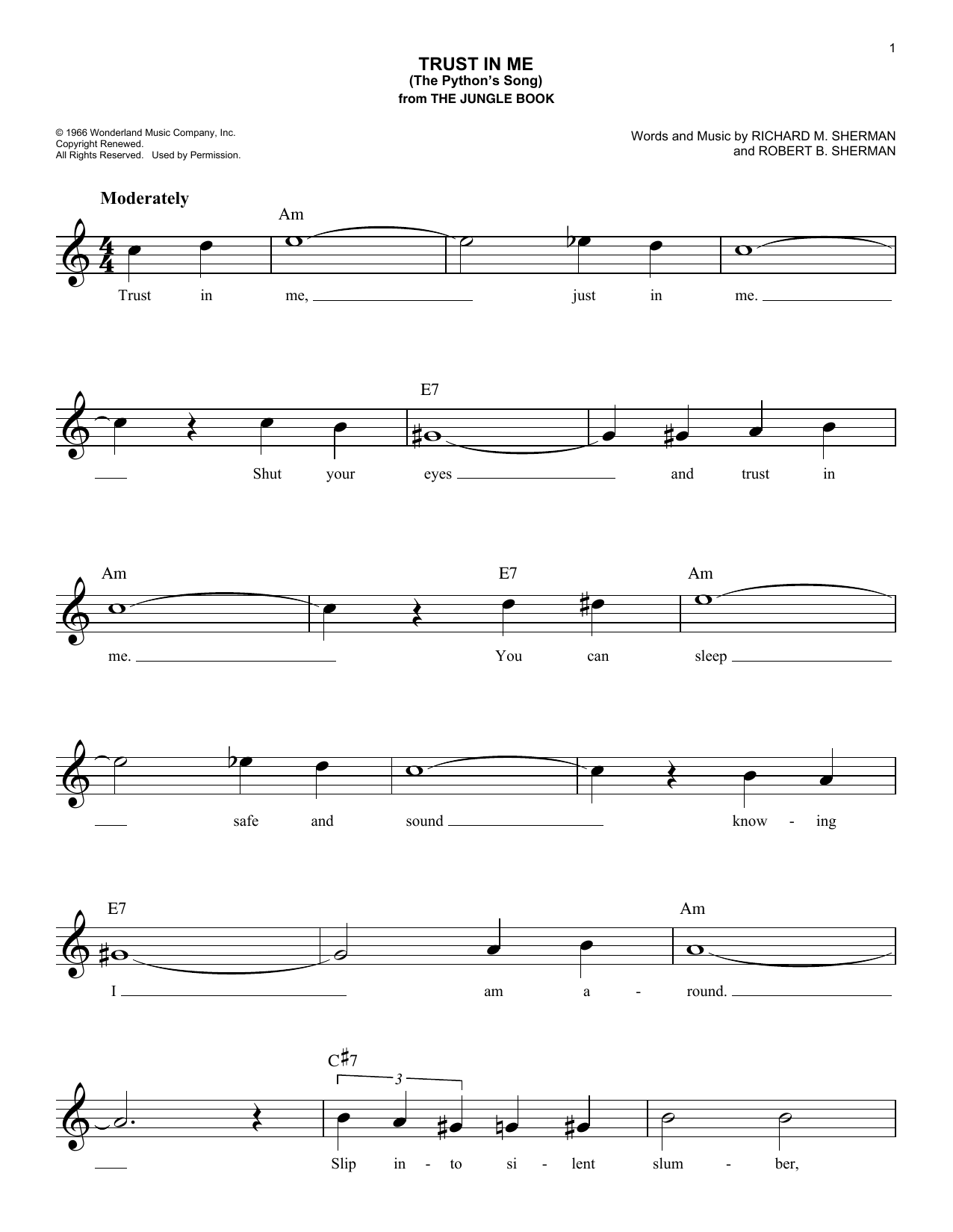Richard M. Sherman Trust In Me (The Python's Song) (from The Jungle Book) Sheet Music Notes & Chords for Melody Line, Lyrics & Chords - Download or Print PDF