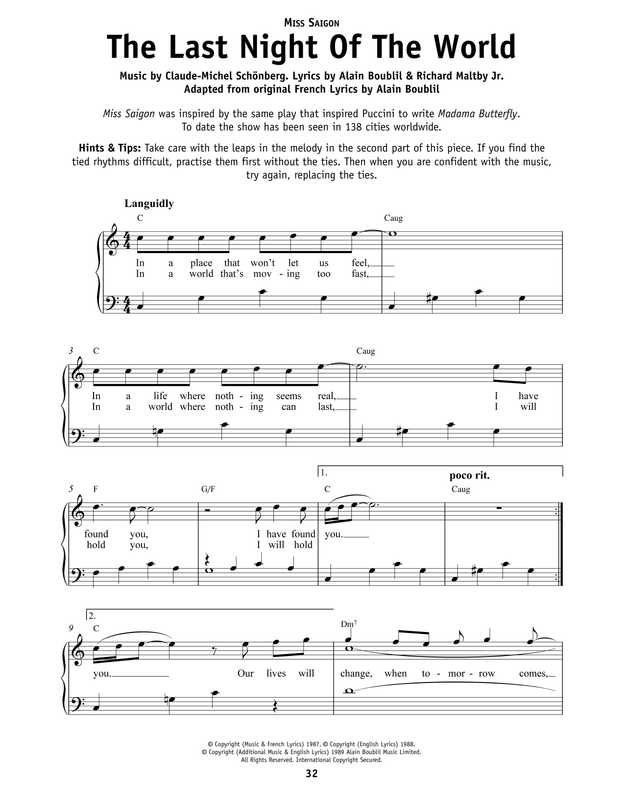 Richard Maltby Jr. The Last Night Of The World (from Miss Saigon) Sheet Music Notes & Chords for Really Easy Piano - Download or Print PDF Richard Maltby Jr. The Last Night Of The World (from Miss Saigon) Sheet Music Notes & Chords for Really Easy Piano - Download or Print PDF