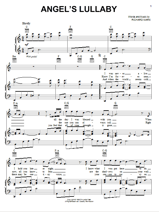 Richard Marx Angel's Lullaby Sheet Music Notes & Chords for Piano, Vocal & Guitar (Right-Hand Melody) - Download or Print PDF