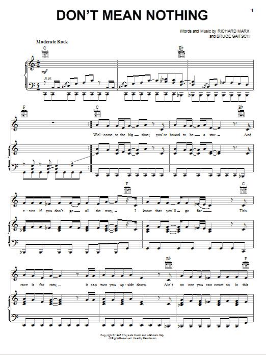 Richard Marx Don't Mean Nothing Sheet Music Notes & Chords for Easy Piano - Download or Print PDF