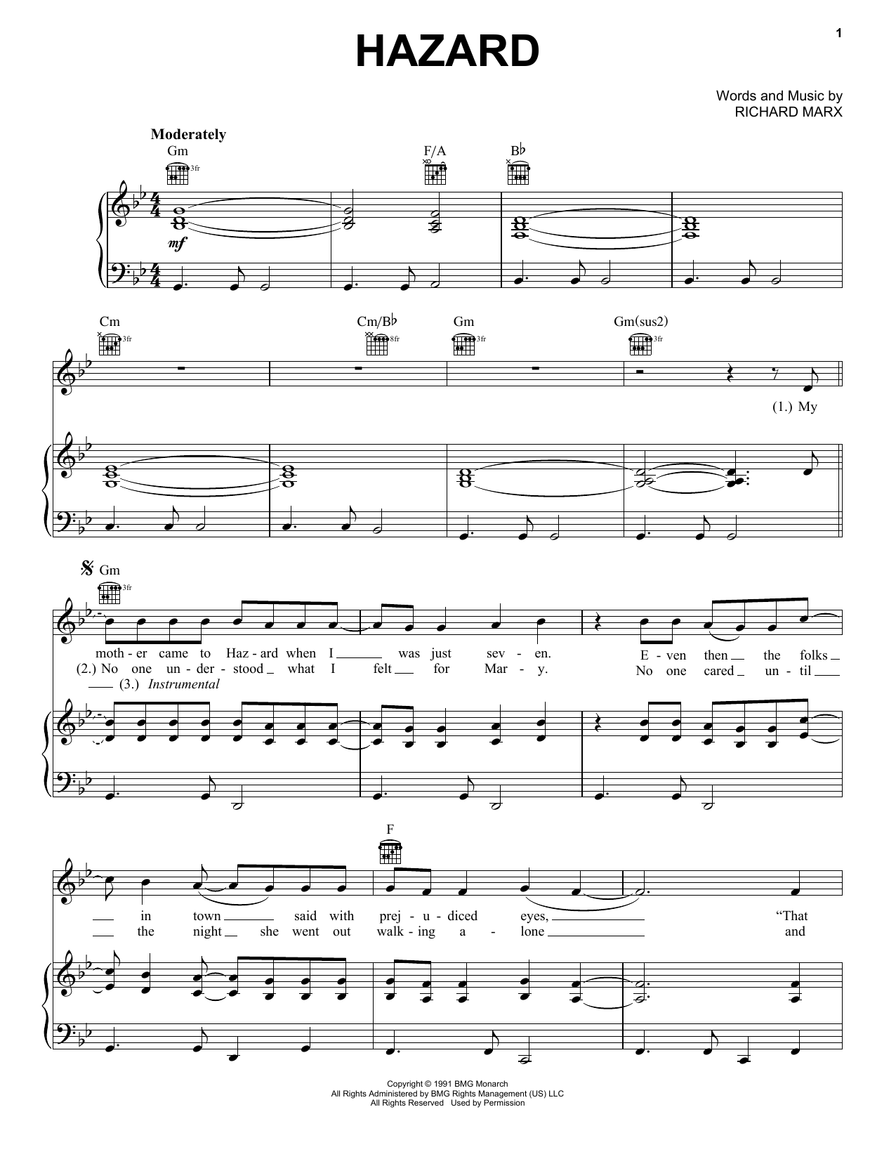 Richard Marx Hazard Sheet Music Notes & Chords for Easy Piano - Download or Print PDF