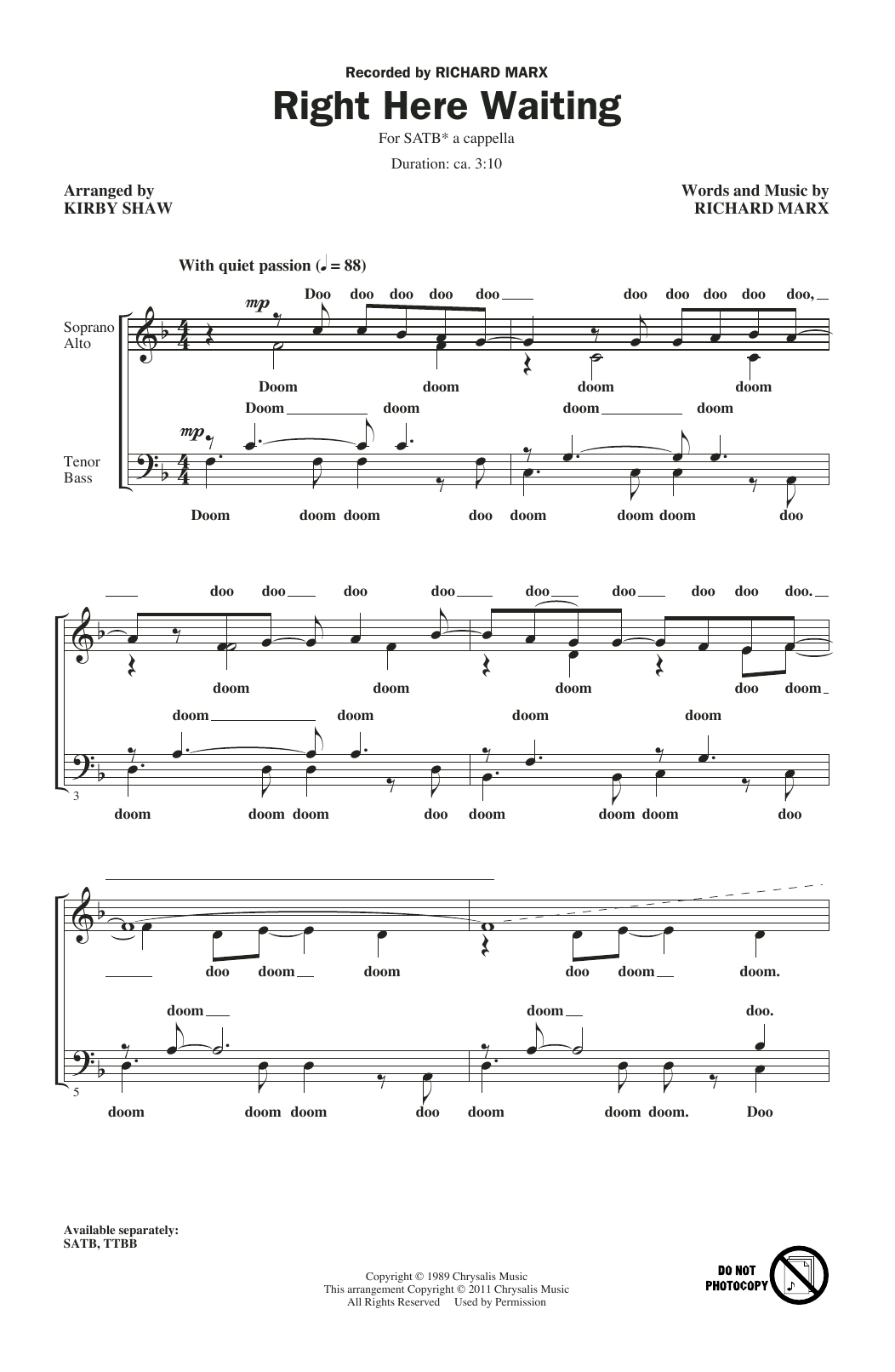 Richard Marx Right Here Waiting (arr. Kirby Shaw) Sheet Music Notes & Chords for SATB Choir - Download or Print PDF
