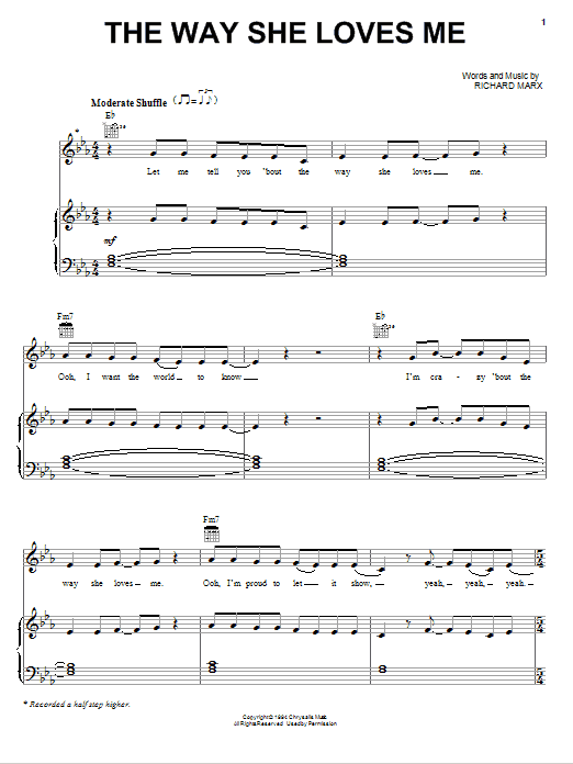 Richard Marx The Way She Loves Me Sheet Music Notes & Chords for Piano, Vocal & Guitar (Right-Hand Melody) - Download or Print PDF