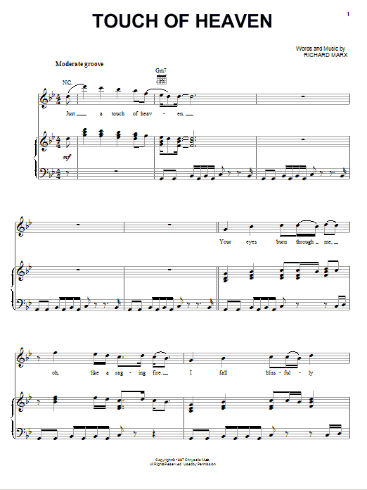 Richard Marx Touch Of Heaven Sheet Music Notes & Chords for Piano, Vocal & Guitar (Right-Hand Melody) - Download or Print PDF