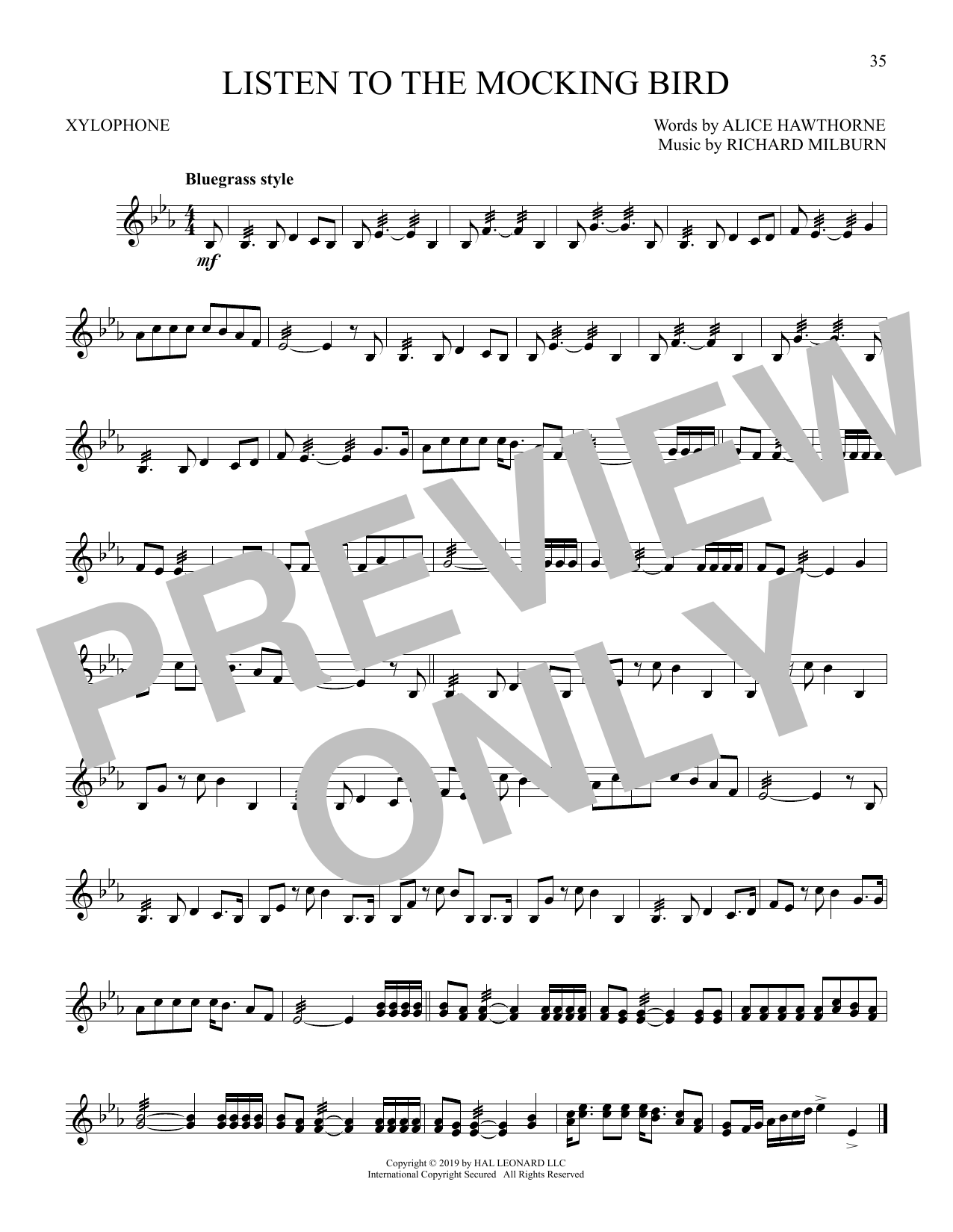 Richard Milburn Listen To The Mocking Bird Sheet Music Notes & Chords for Xylophone Solo - Download or Print PDF