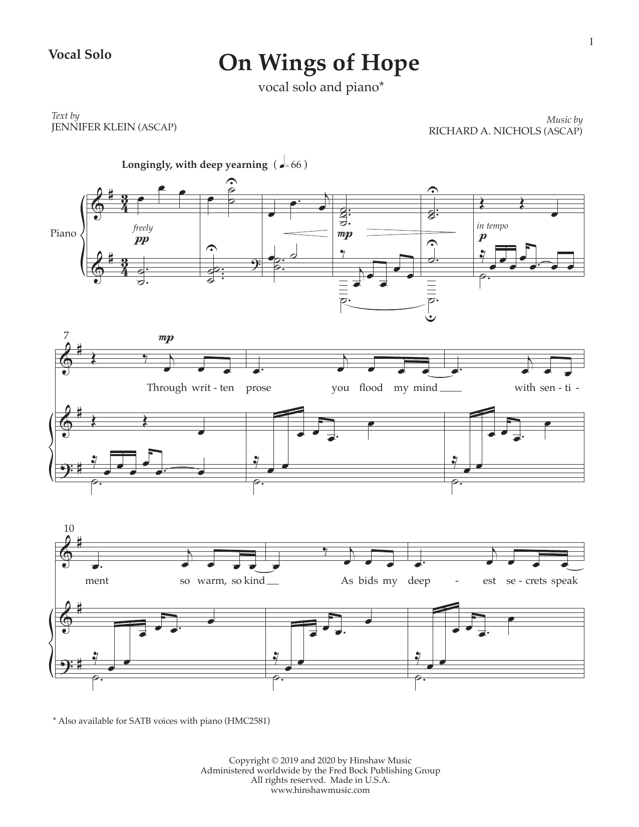 Richard Nichols On Wings of Hope Sheet Music Notes & Chords for Piano & Vocal - Download or Print PDF