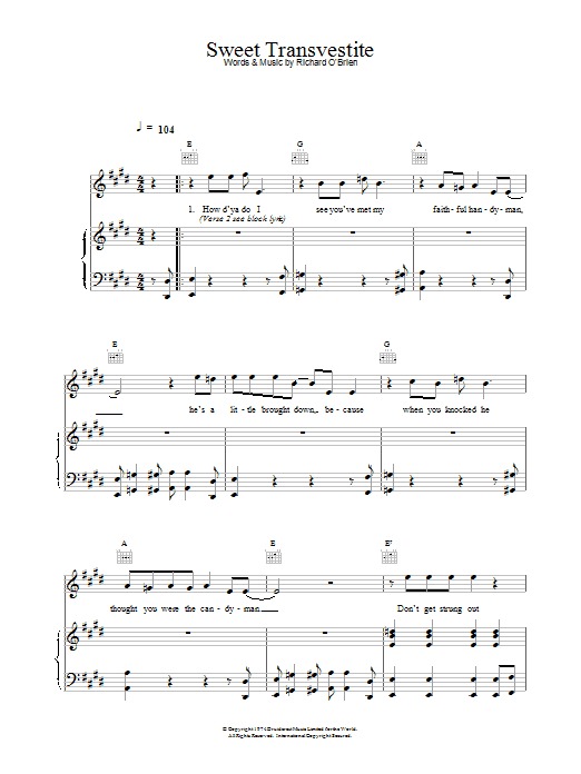 Richard O Brien Sweet Transvestite Sheet Music Notes & Chords for Piano, Vocal & Guitar - Download or Print PDF