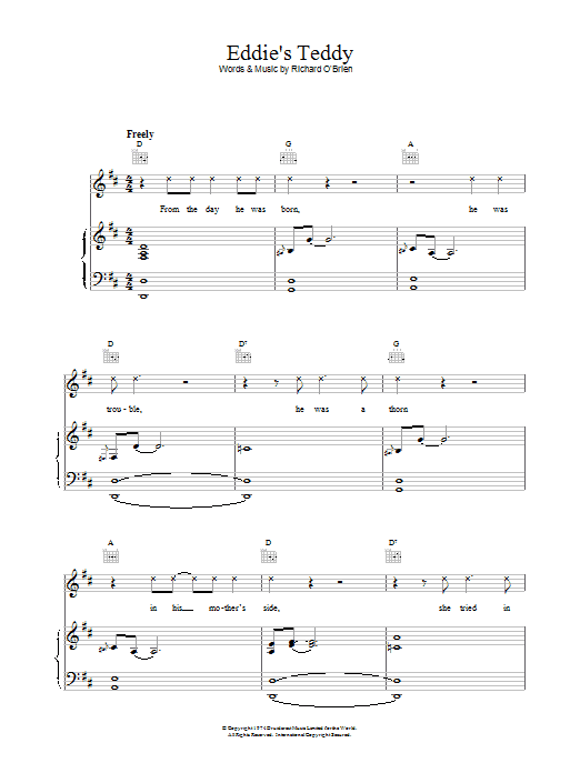 Richard O'Brien Eddie's Teddy Sheet Music Notes & Chords for Piano, Vocal & Guitar (Right-Hand Melody) - Download or Print PDF