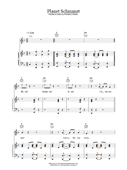 Richard O'Brien Planet Schmanet Janet Sheet Music Notes & Chords for Piano, Vocal & Guitar - Download or Print PDF
