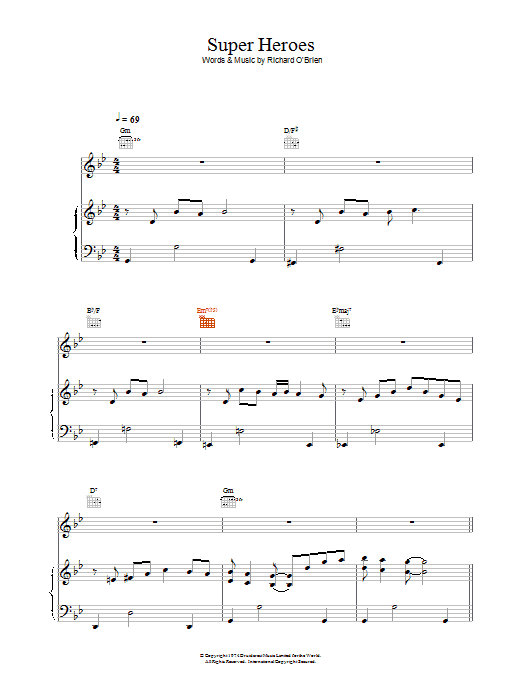 Richard O'Brien Super Heroes Sheet Music Notes & Chords for Piano, Vocal & Guitar (Right-Hand Melody) - Download or Print PDF