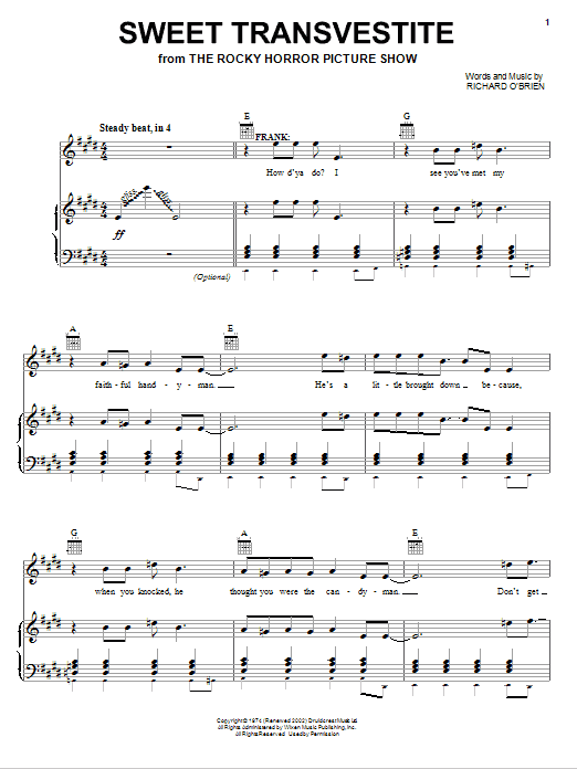 Richard O'Brien Sweet Transvestite Sheet Music Notes & Chords for Piano, Vocal & Guitar (Right-Hand Melody) - Download or Print PDF