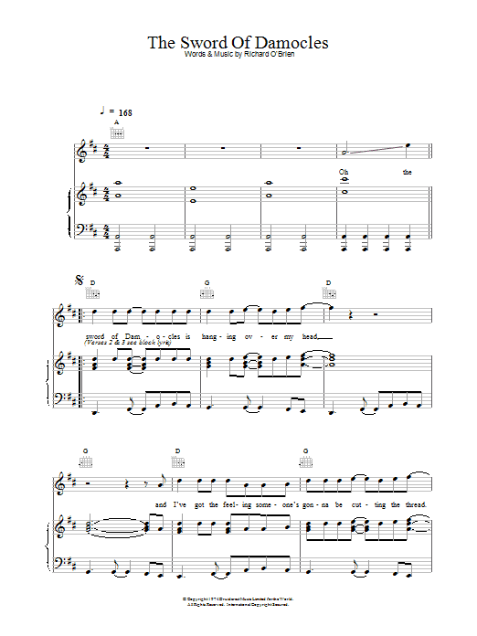 Richard O'Brien The Sword Of Damocles Sheet Music Notes & Chords for Piano, Vocal & Guitar (Right-Hand Melody) - Download or Print PDF