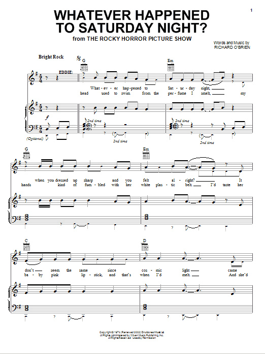 Richard O'Brien Whatever Happened To Saturday Night? Sheet Music Notes & Chords for Piano, Vocal & Guitar (Right-Hand Melody) - Download or Print PDF