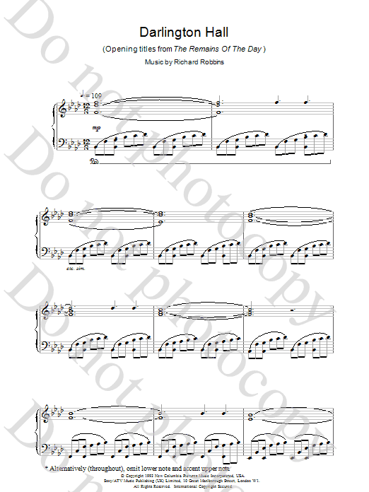 Richard Robbins Darlington Hall (Opening Titles from The Remains Of The Day) Sheet Music Notes & Chords for Piano - Download or Print PDF