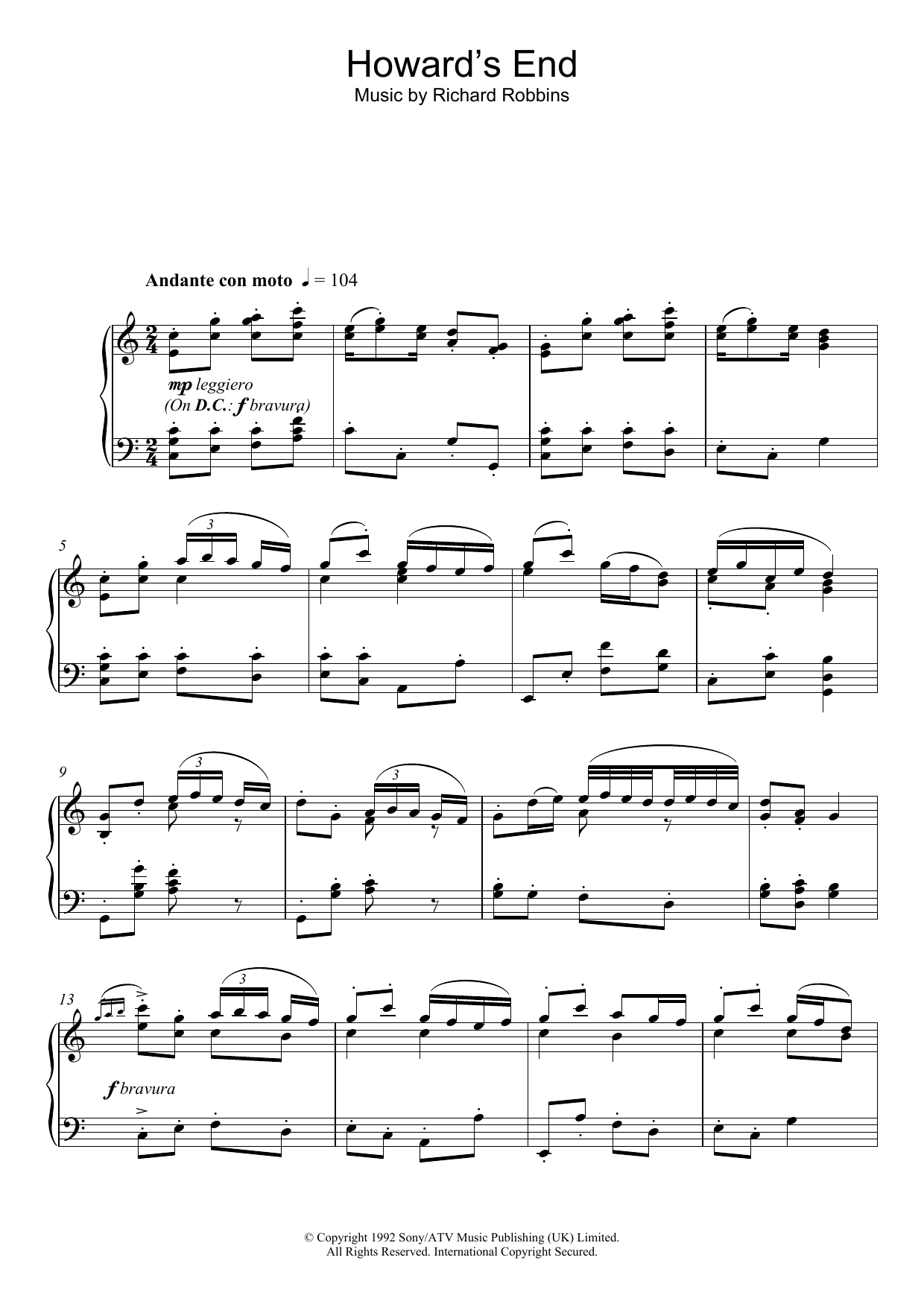 Richard Robbins Howard's End (Closing Credits) Sheet Music Notes & Chords for Piano - Download or Print PDF