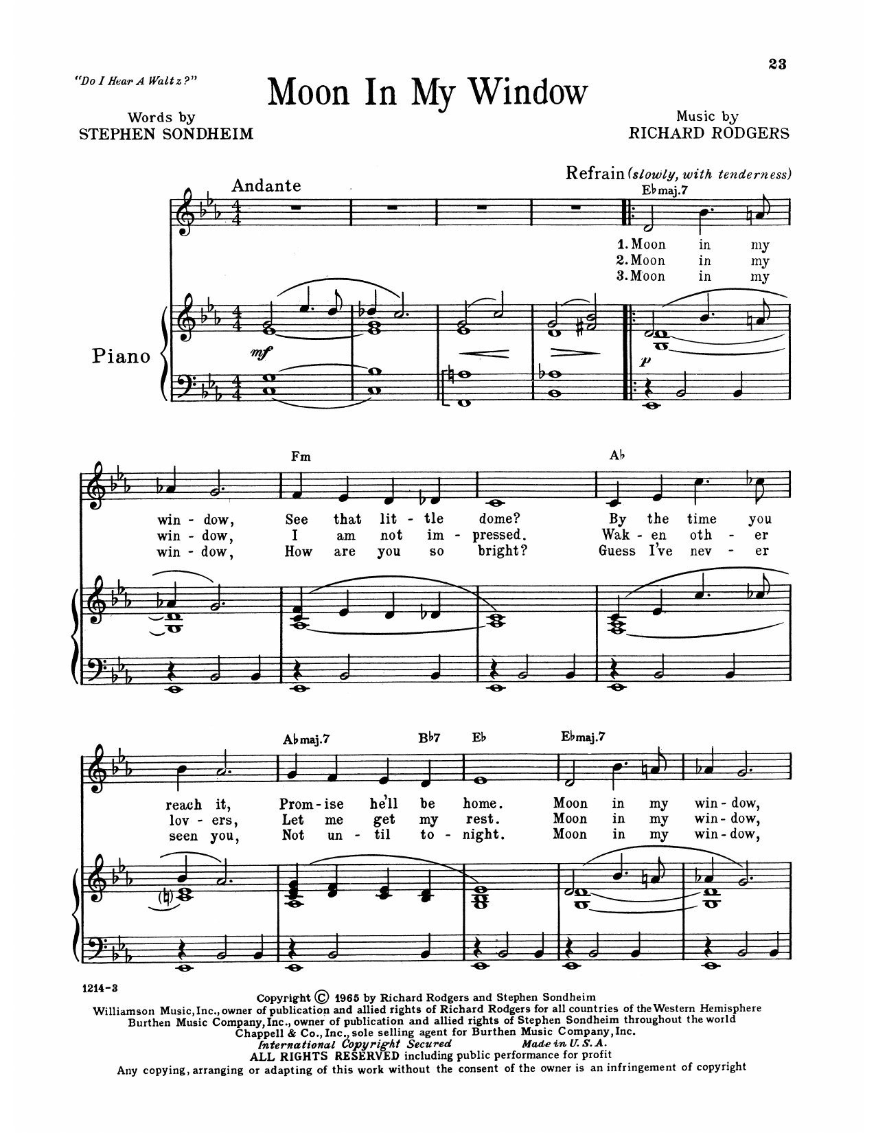 Richard Rodgers & Stephen Sondheim Moon In My Window (from Do I Hear A Waltz?) Sheet Music Notes & Chords for Piano, Vocal & Guitar Chords (Right-Hand Melody) - Download or Print PDF