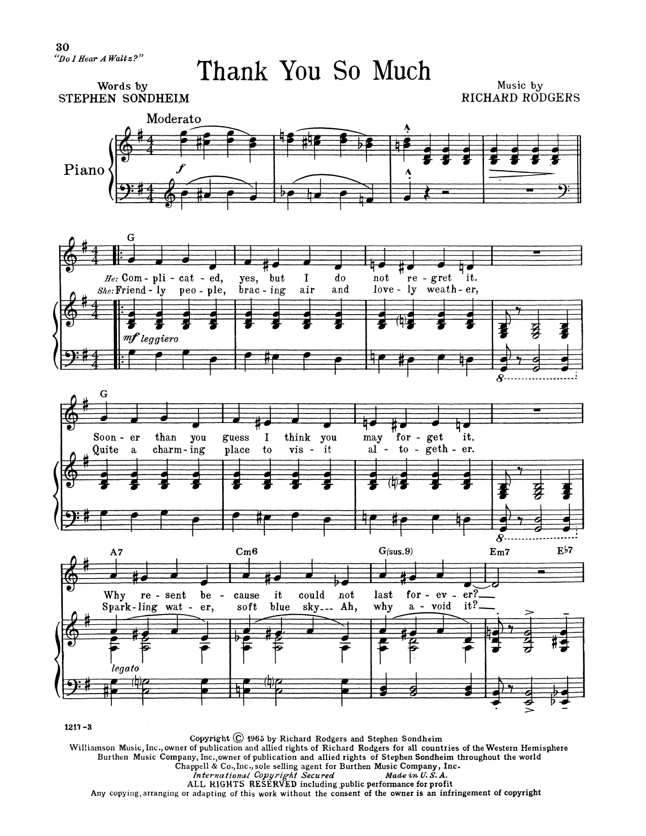 Richard Rodgers & Stephen Sondheim Thank You So Much (from Do I Hear A Waltz?) Sheet Music Notes & Chords for Piano, Vocal & Guitar Chords (Right-Hand Melody) - Download or Print PDF