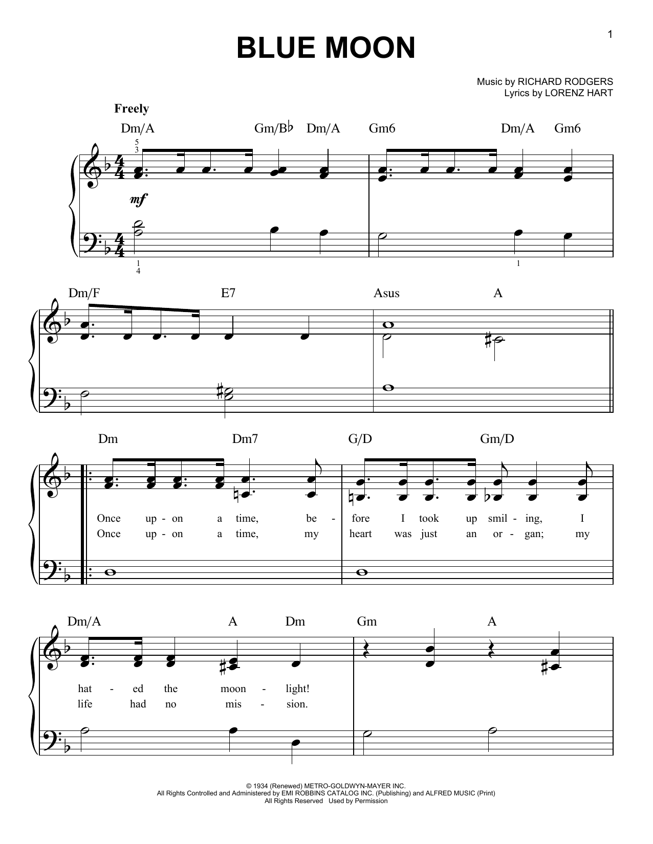 Richard Rodgers Blue Moon Sheet Music Notes & Chords for Easy Piano - Download or Print PDF