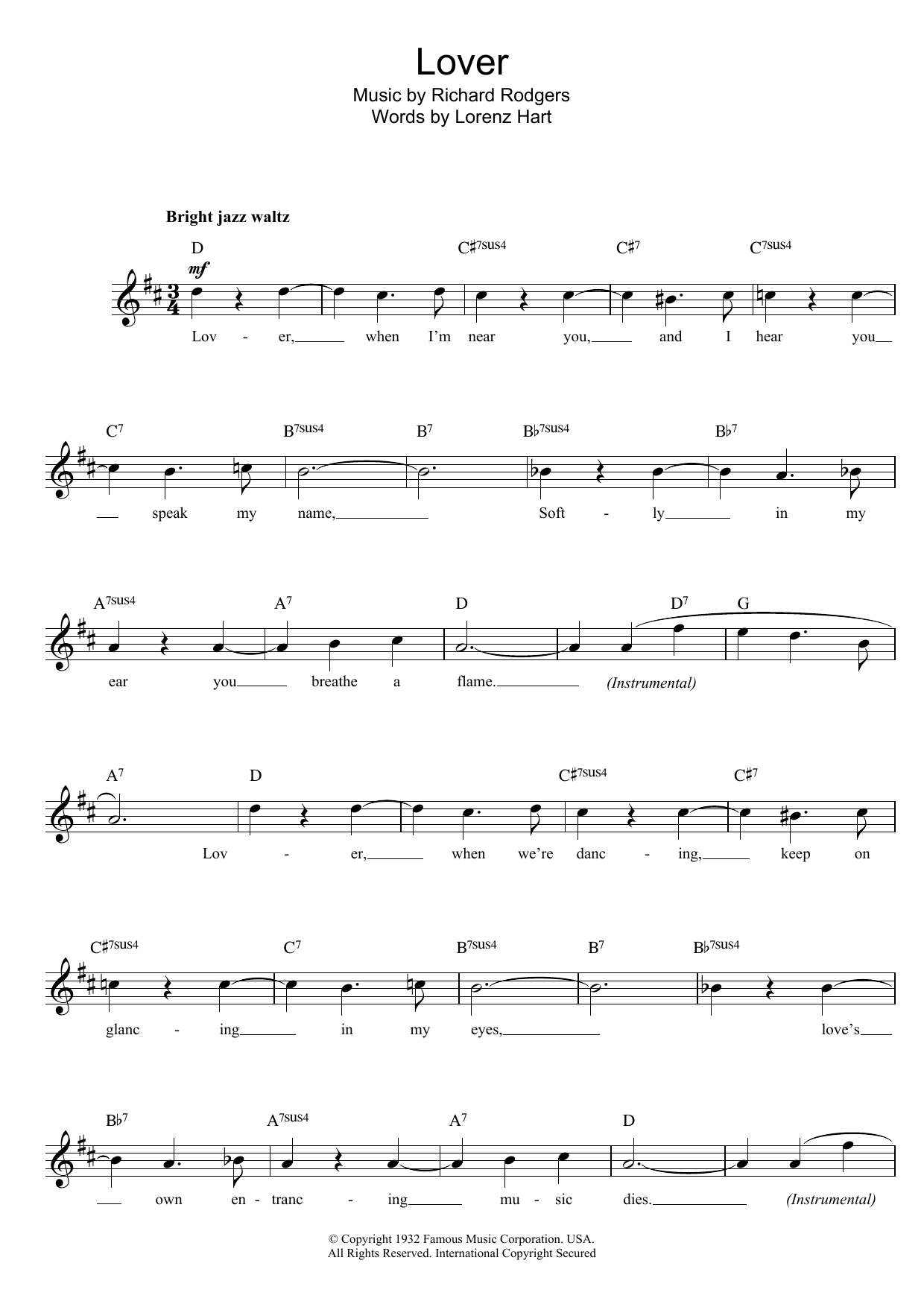 Richard Rodgers Lover Sheet Music Notes & Chords for Lead Sheet / Fake Book - Download or Print PDF