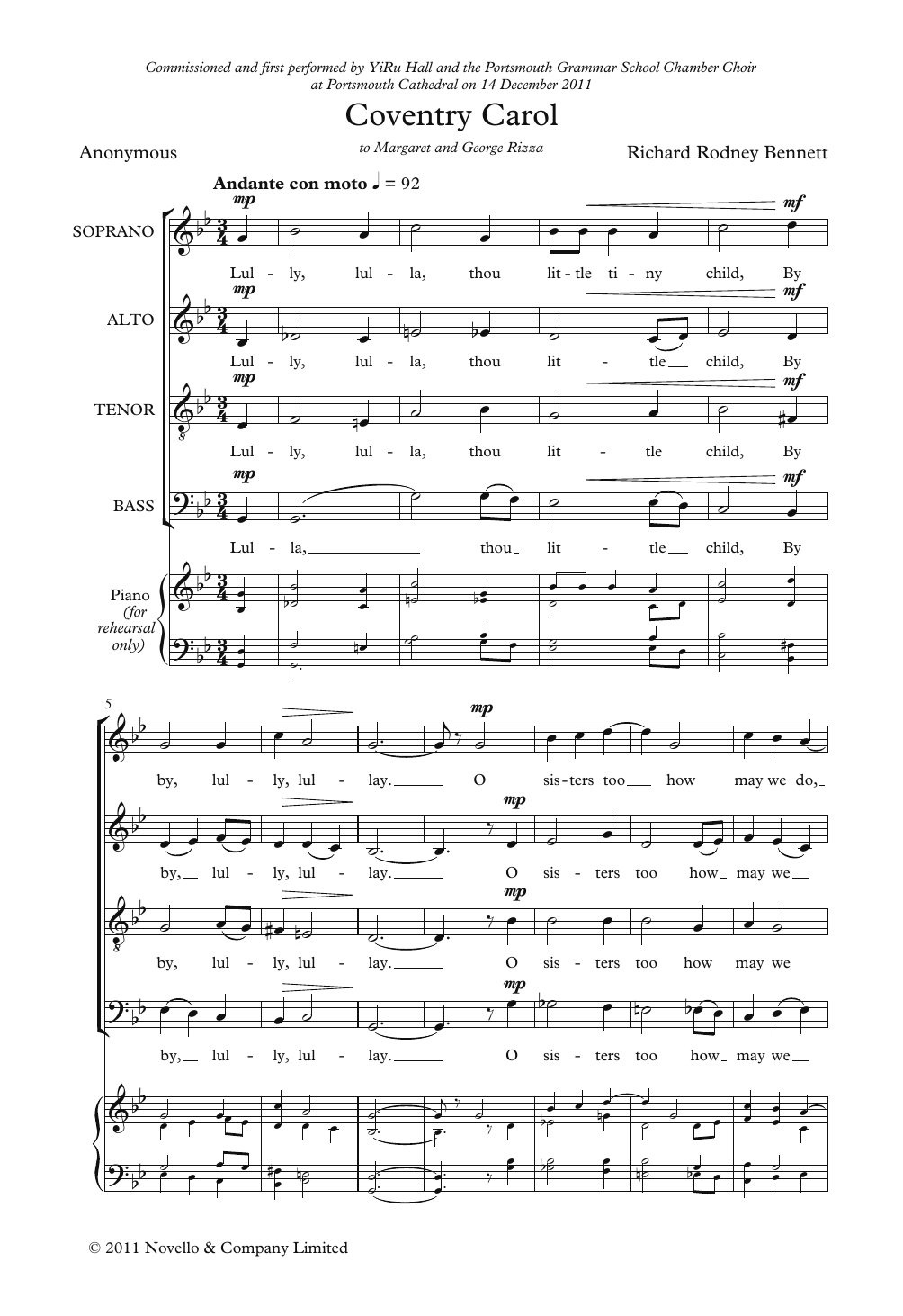 Richard Rodney Bennett Coventry Carol Sheet Music Notes & Chords for Choir - Download or Print PDF
